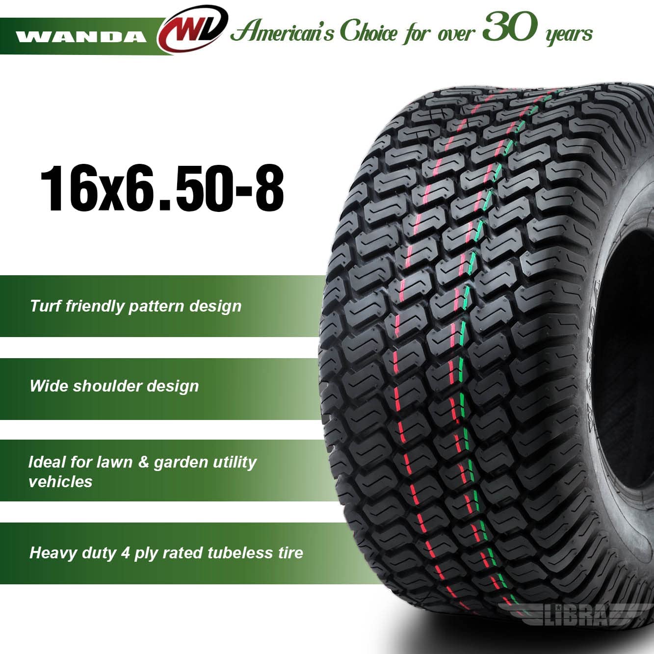 WANDA Set of 2 - 16x6.50-8 Lawn Mower Tractor Cart Turf Tires (16x6.5x8) P332-13019 - Perfect for Garden Tractors, Utility Carts & Lawn Equipment