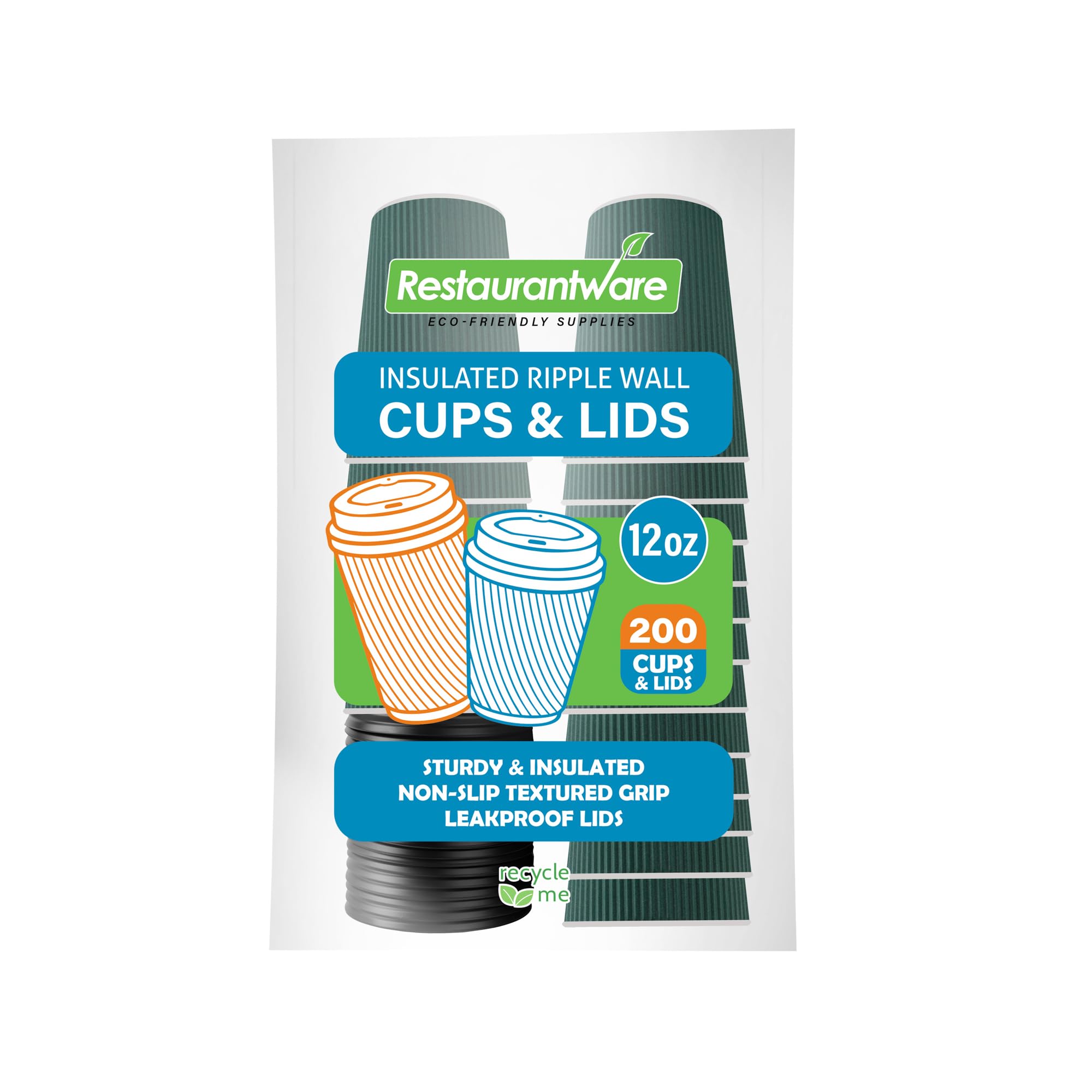 12oz Insulated Paper Coffee Cups with Lids (200 Pack) - Leakproof & Non-Slip Dark Green Disposable Hot Cups for Coffee, Tea, Hot Cocoa & Lattes - Perfect for Restaurants, Cafes, Offices & Events