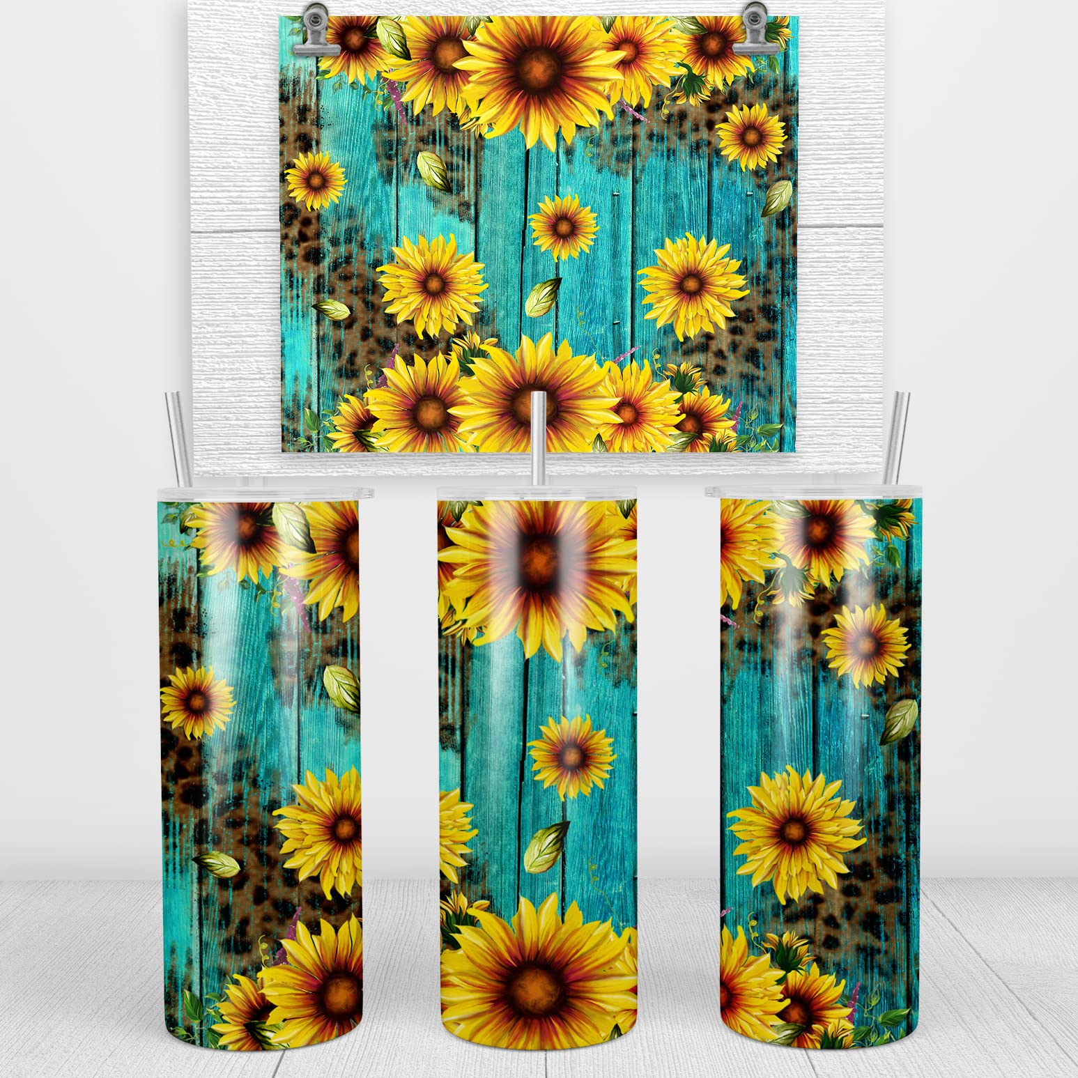 YouNique Designs 20oz Insulated Stainless Steel Skinny Tumbler with Straw & Lid - Sunflower & Leopard Print Coffee/Tea/Water Cup for Women | Perfect for Office, Gym & Outdoor Activities