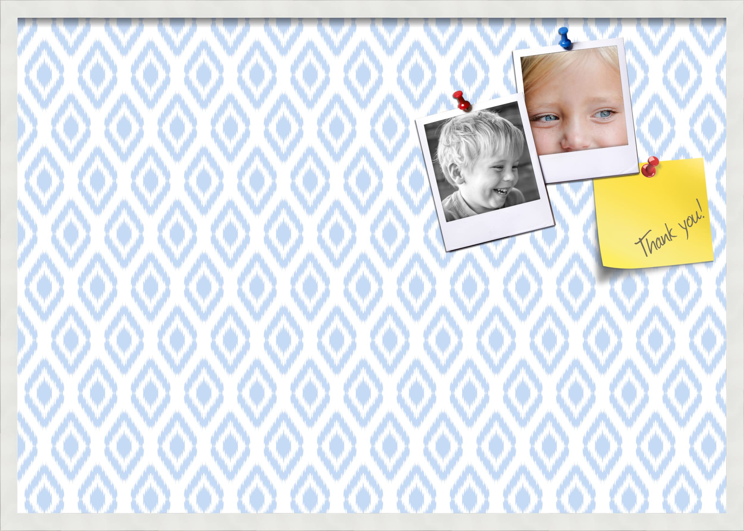 PinPix 40x28 Inch Cork Bulletin Board with Ikat Light Blue Design & Satin White Frame - Decorative Wall Organizer for Home Office, School Classroom, Dorm Room, or Workspace (PinPix-1633)