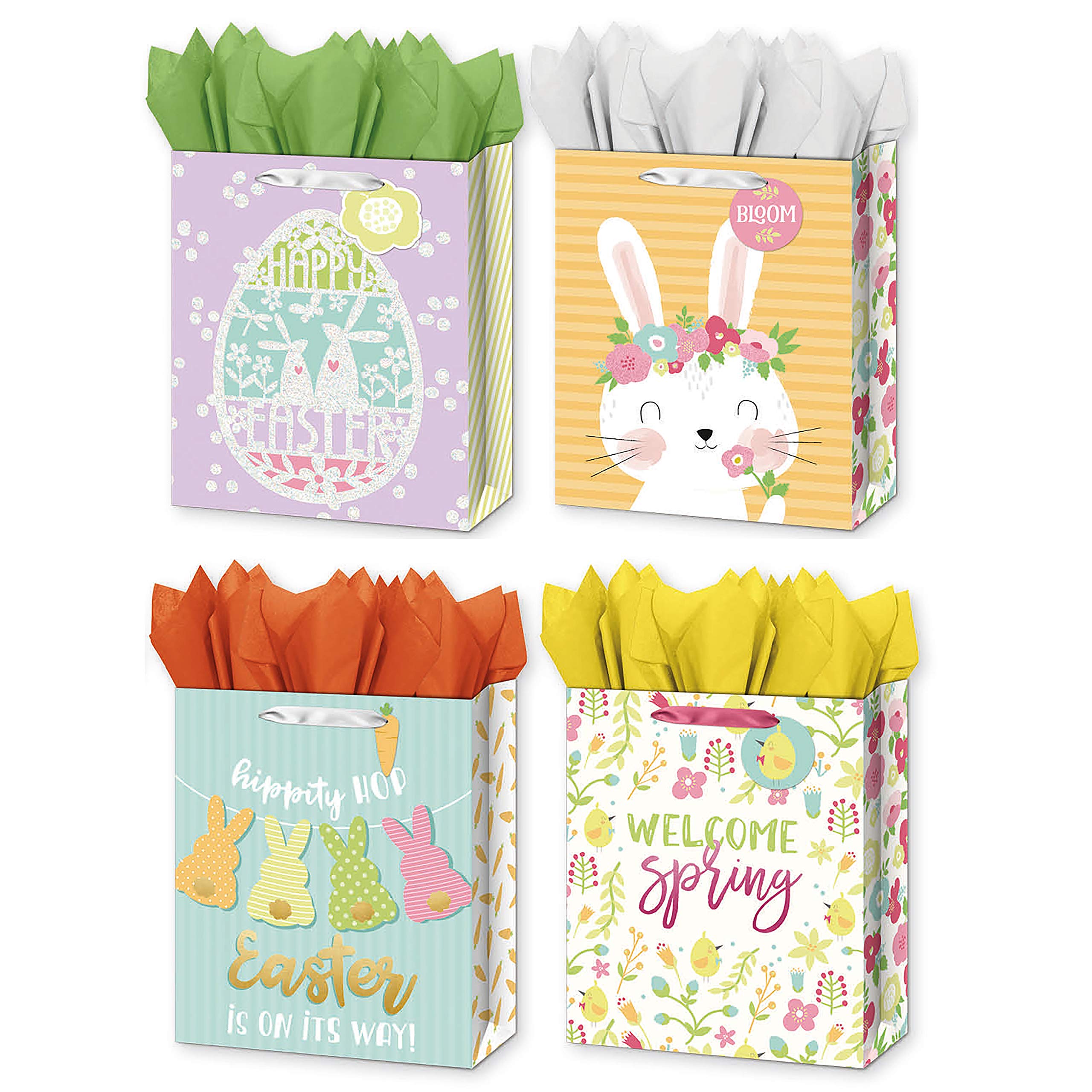 B-THERE Bundle of 4 Large Easter & Spring Gift Bags with Glitter Foil Tags - Includes Tissue Paper - Perfect for Easter Baskets, Spring Party Favors & Gift Giving