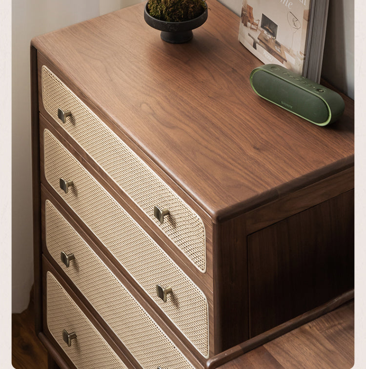 Solid Oak & Black Walnut Wood Cabinet with Rattan Doors - Modern Storage Organizer for Living Room, Bedroom, or Entryway