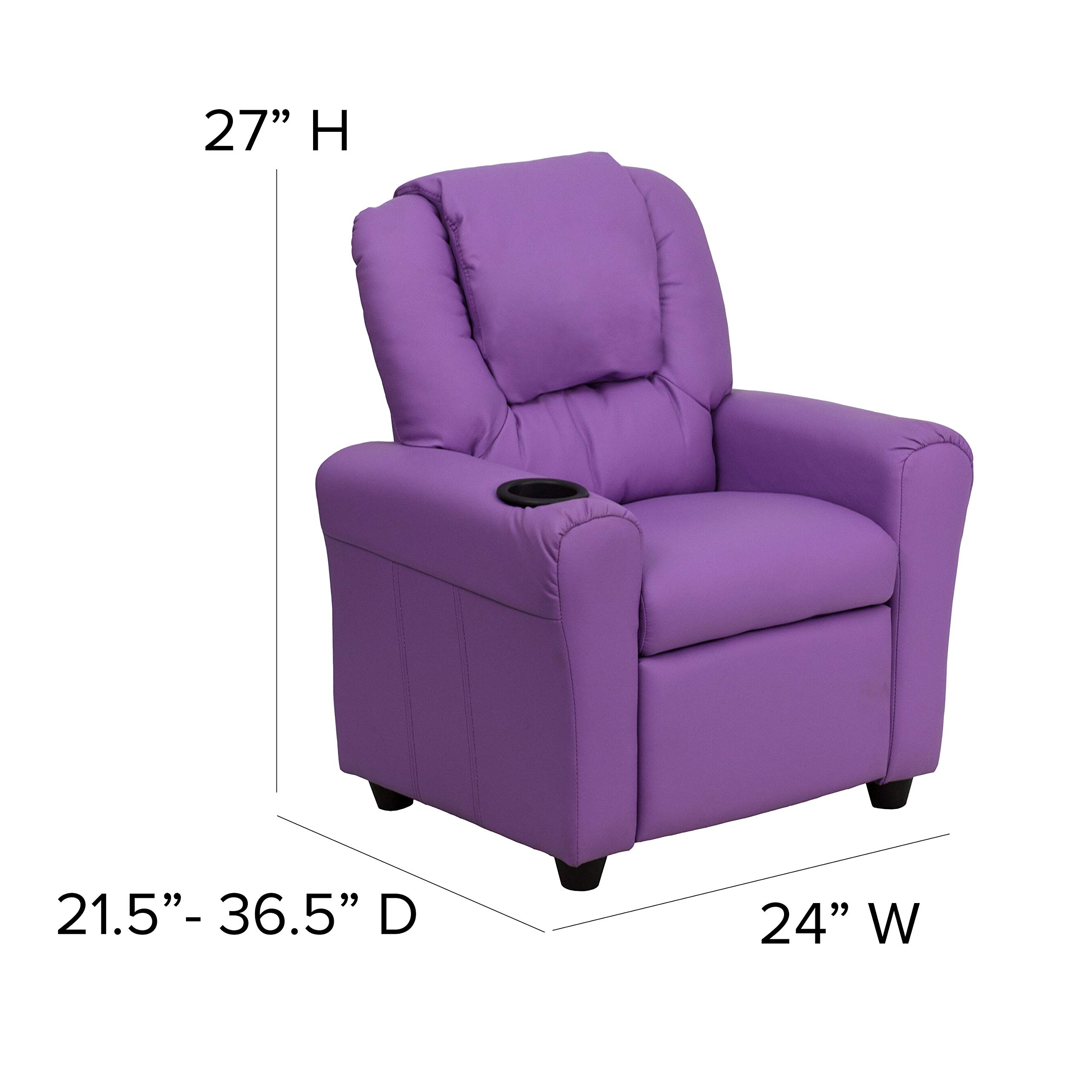 Emma & Oliver Lavender Vinyl Kids Recliner Chair with Cup Holder & Headrest - Comfortable Toddler Armchair for Reading, TV Watching & Relaxing in Bedroom or Playroom