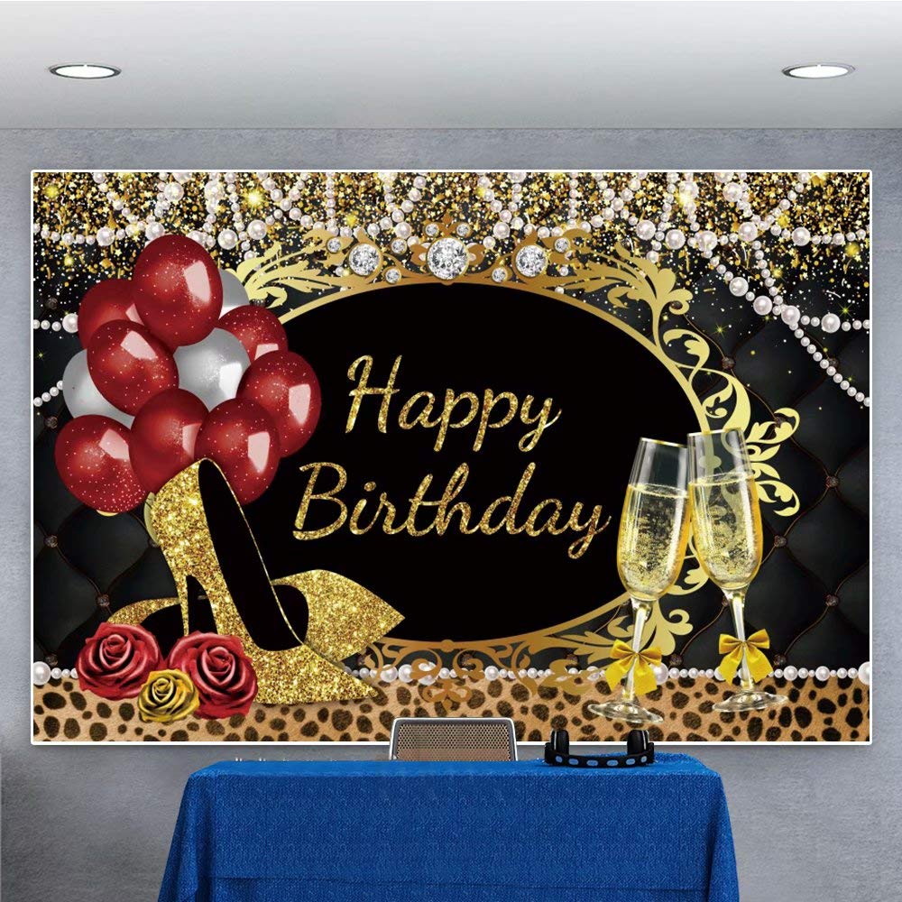 Glitter Gold Black Birthday Photography Backdrop - 5x3ft Pearl Shiny Sequin Vinyl Photo Background for Women's Bday Party, Studio Props, Elegant Champagne Golden High Heels Theme - Perfect for Adult Birthday Celebrations, Girls' Parties & Professional Photography Sessions