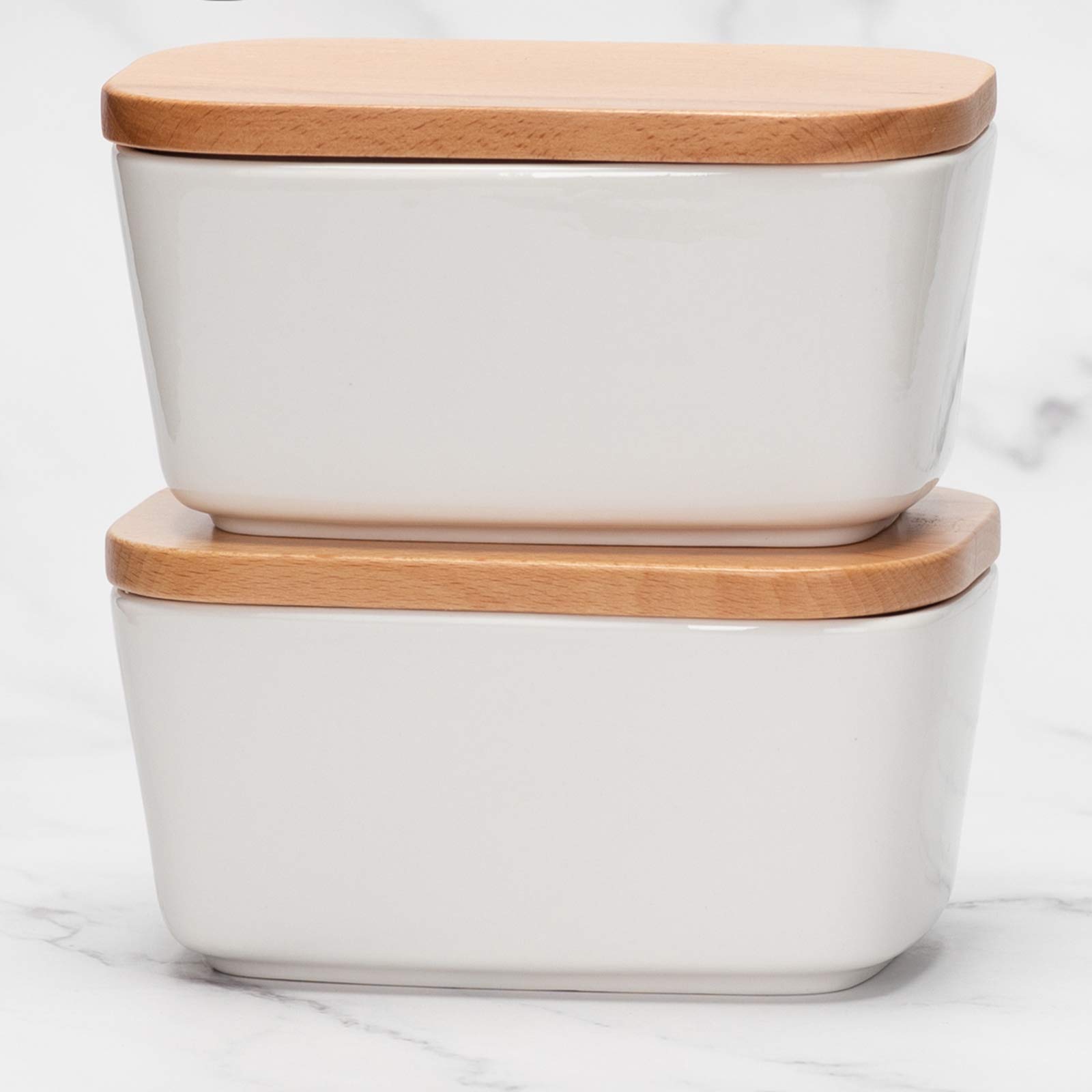 amHomel Butter Dish Set of 2 - Airtight Butter Keeper with Wooden Lid, Holds 2 Sticks of Butter (White) - Perfect for Kitchen Counter, Dining Table & Refrigerator Storage