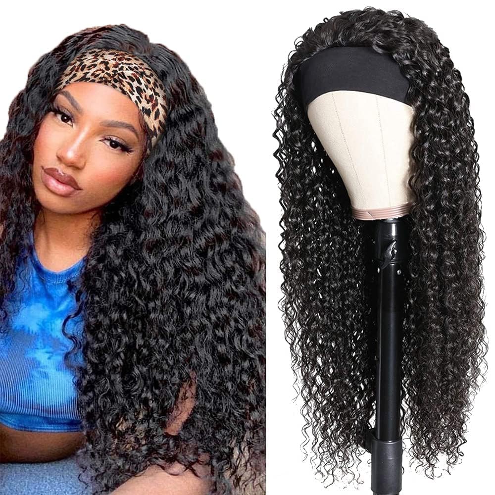 18 Inch Deep Wave Headband Wig - 150% Density Brazilian Virgin Human Hair Glueless No Lace Front Wig for Black Women | Natural Black Color | Perfect for Daily Wear, Parties & Protective Styling