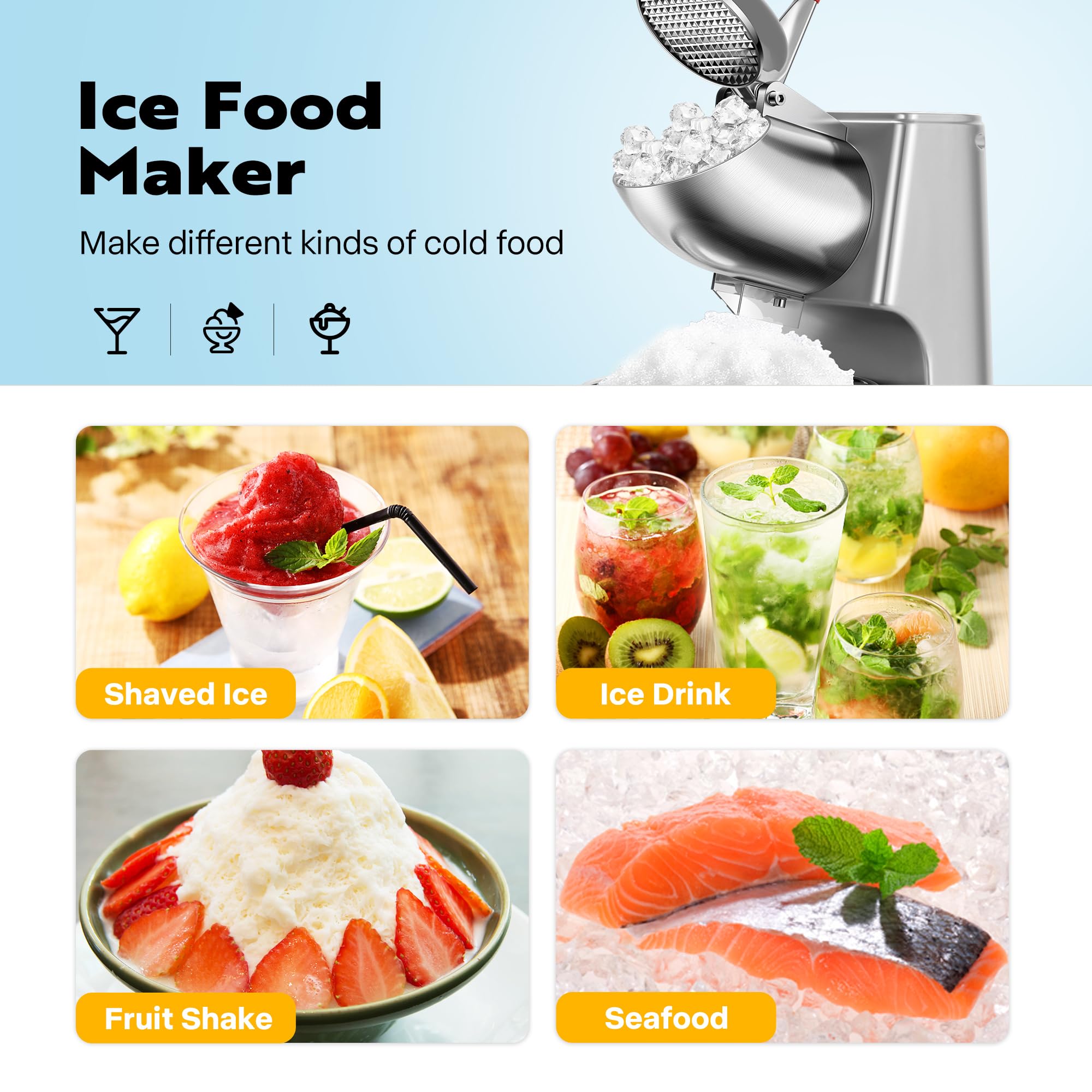 VIVOHOME 11 Inch Electric Ice Crusher - 300W Dual Blade Shaver Machine, 2000 RPM for Fast Crushing - Perfect for Snow Cones, Cocktails & Commercial Use - Includes Ice Pick (Silver)