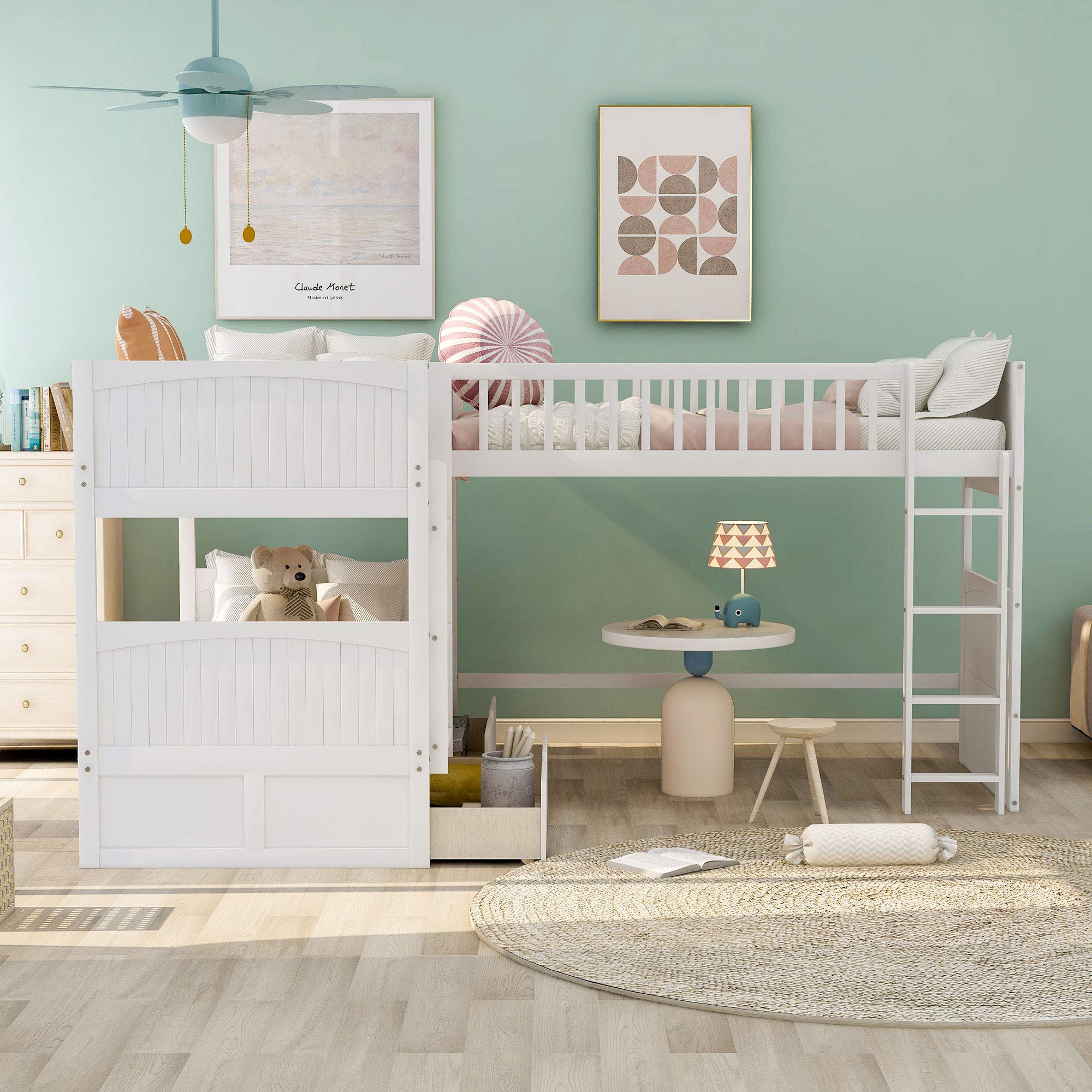 KLMM Twin Over Twin L-Shaped Corner Bunk Bed with Loft - Space-Saving 3-Person Bunk Bed Frame with 2 Storage Drawers & Dual Ladders for Kids, Teens & Adults (White) - Perfect for Small Bedrooms, Guest Rooms & Vacation Homes