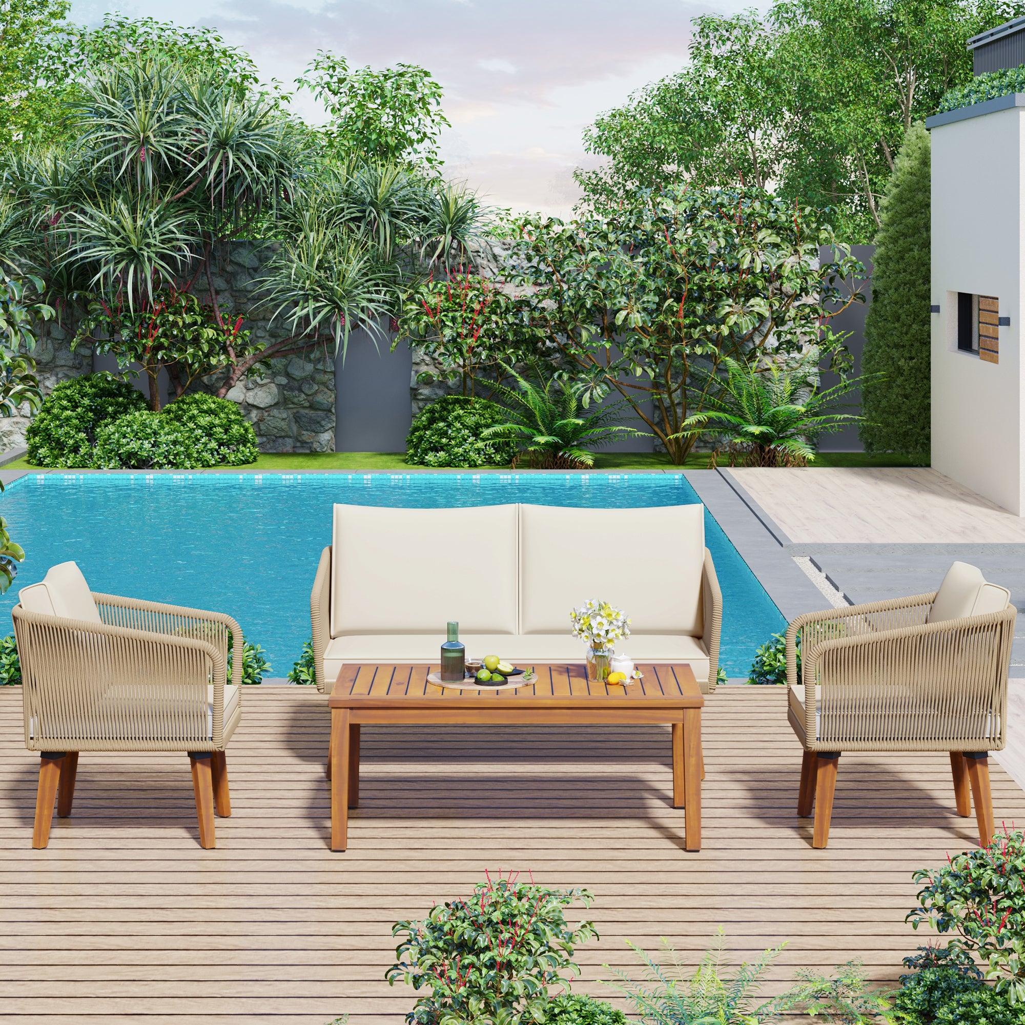 4-Piece Outdoor Patio Furniture Set with Loveseat, Rope Wicker Conversation Set & Cushions - Perfect for Backyard, Garden, Poolside & Outdoor Entertaining