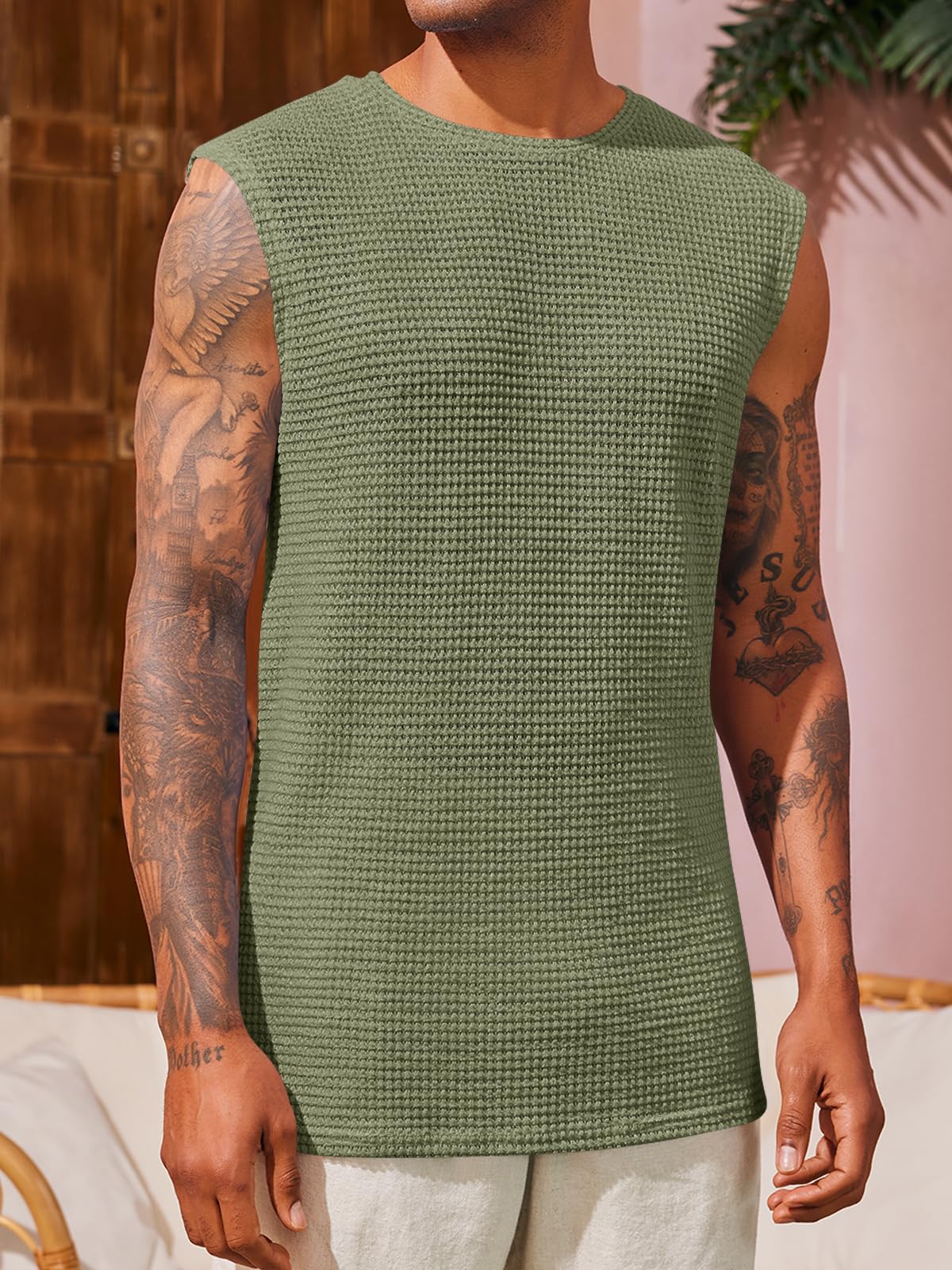 Runcati Men's Waffle Knit Tank Tops - Breathable Sleeveless Athletic Shirts for Gym, Summer & Beach - Casual Muscle Fit Hippie Style T-Shirts