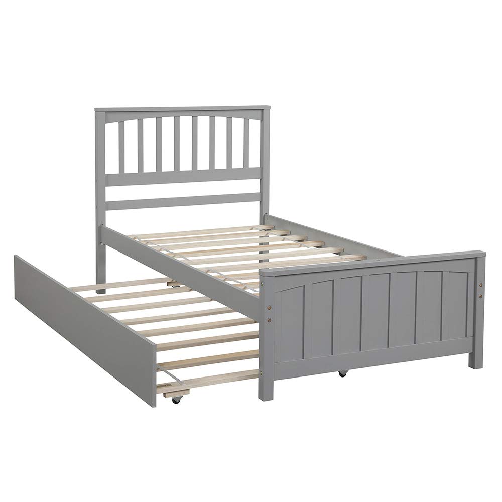 Minimalist Twin Platform Bed Frame with Trundle - Easy Assembly Wooden Bed for Teens & Adults - Space Saving Gray Bedroom Furniture for Small Rooms & Guest Rooms
