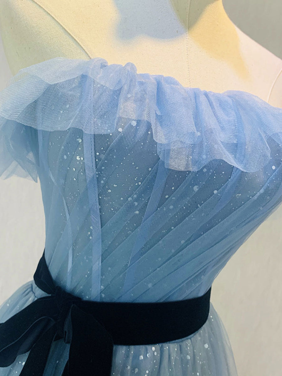 Elegant Blue Tulle Sequin Long Prom Dress for Women - Formal Evening Gown for Homecoming, Ball, Wedding & Special Occasions