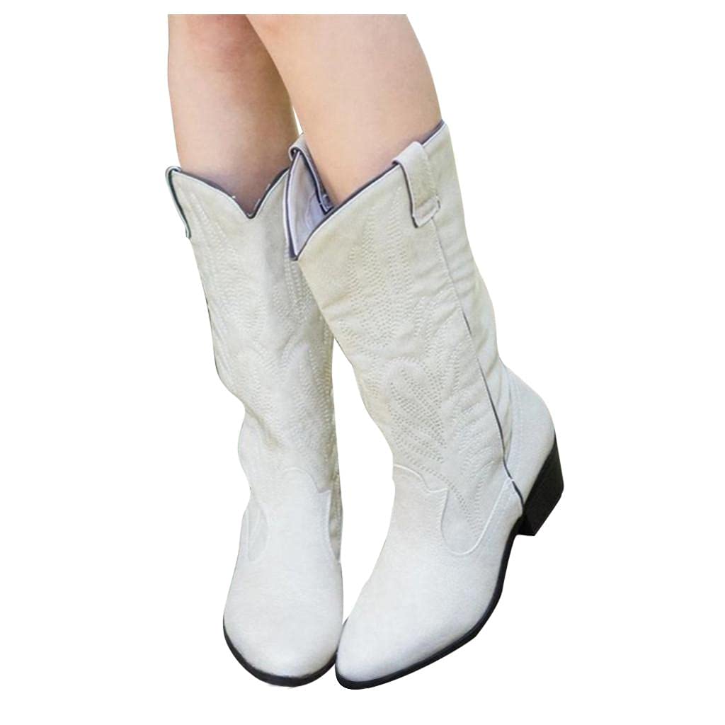 **Women's Embroidered Western Cowboy Boots - Chunky Block Heel, Mid-Calf, Wide Fit, Pull-On Work Boots for Women - Perfect for Rodeo, Country Dancing & Casual Wear**