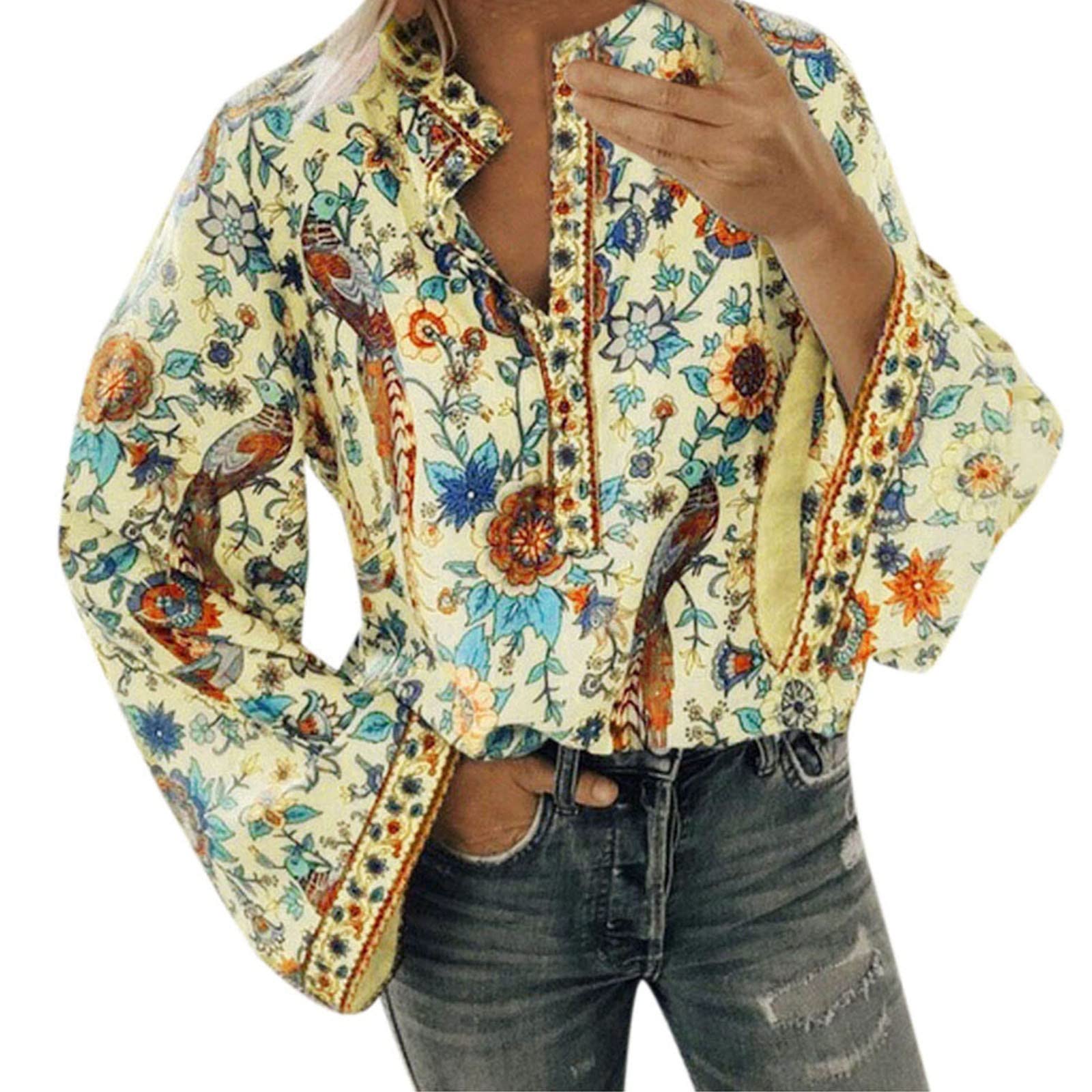 Women's Floral Print V-Neck Long Sleeve Knit Shirt - Casual Loose Fit Cotton Blouse for Everyday Wear, Office & Spring Outfits