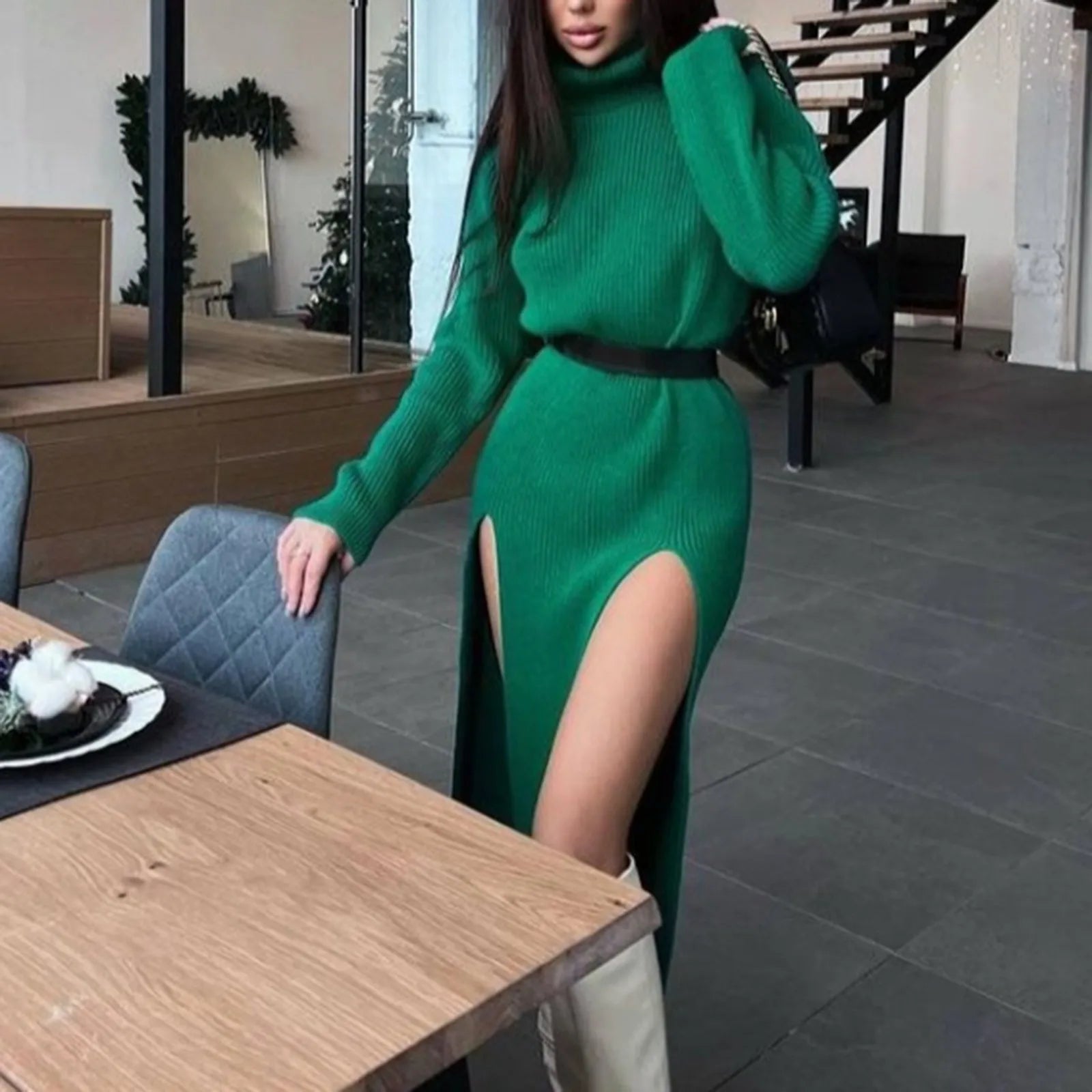 Elegant Women's Long Sleeve Turtleneck Knit Sweater Dress with High Slit - Soft Woolen Bodycon Dress for Party, Date Night & Winter Fashion