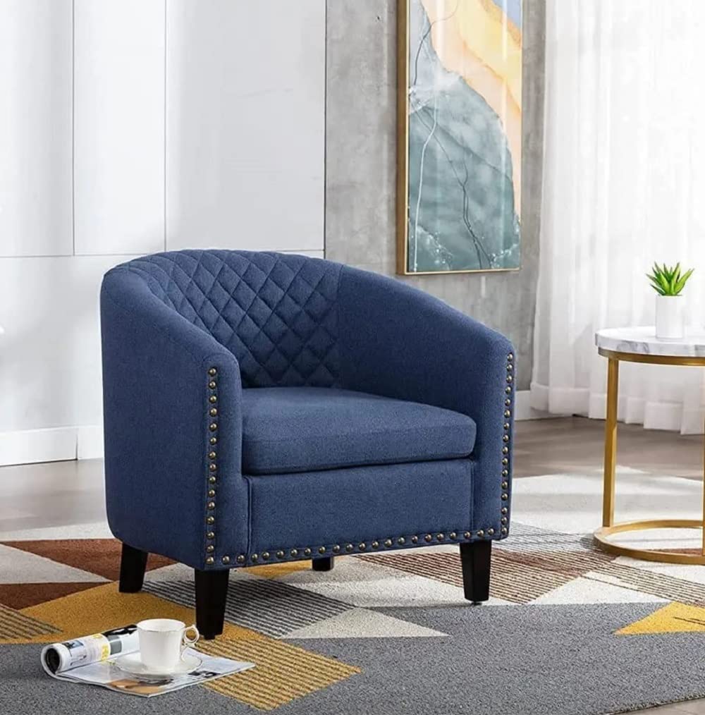 Modern Mid-Century Accent Barrel Chair with Nailhead Trim & Solid Wood Legs - Navy Linen Fabric Armchair for Living Room, Bedroom, Office - Comfortable Lounge Chair for Relaxing, Reading & Entertaining