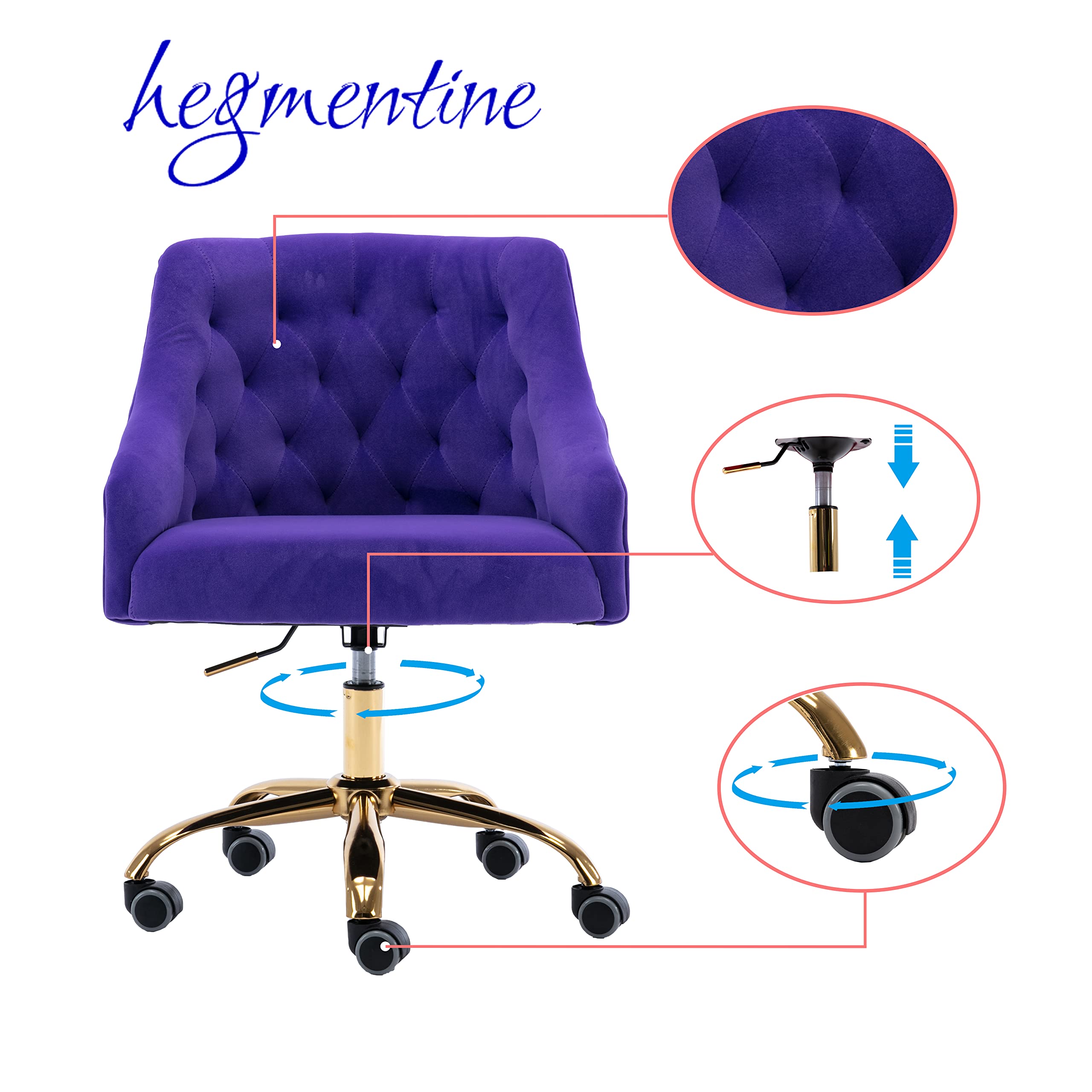 Ergonomic Velvet Swivel Office Chair with Wheels & Height Adjustment - Modern Home Desk Chair for Work, Study, Makeup Vanity - Perfect for Living Room, Bedroom & Home Office (Purple)