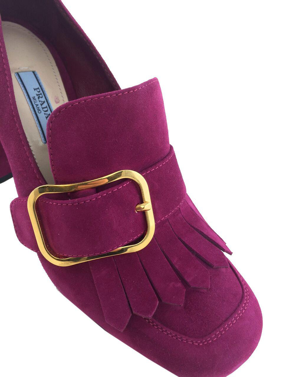 Prada Suede Buckle Kiltie Loafers Women's Size 8.5 - Classic Italian Leather Slip-On Shoes for Business Casual & Office Wear