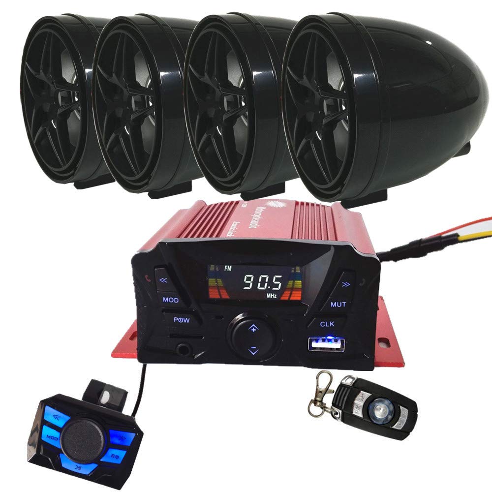 12V 4-Channel UTV ATV Golf Cart Motorcycle Bluetooth Speaker System - Weatherproof MP3 Music Player with AUX/USB/SD/FM Radio - Perfect for Off-Road, Motorbike & Outdoor Adventures
