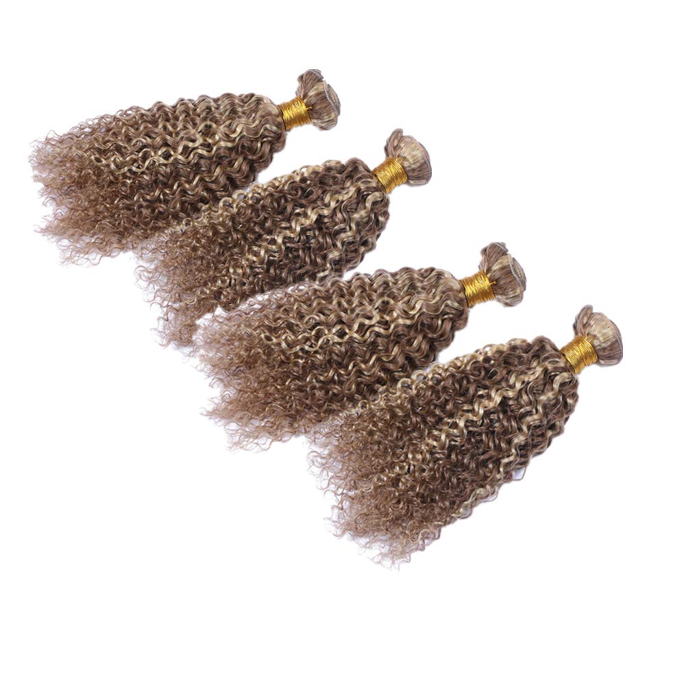 Light Brown with Blonde Highlights 8/613 Human Hair Bundles - Kinky Curly Peruvian Hair Extensions 400g Mixed Length (16 18 20 22 inch) - Perfect for Daily Styling, Parties & Special Occasions