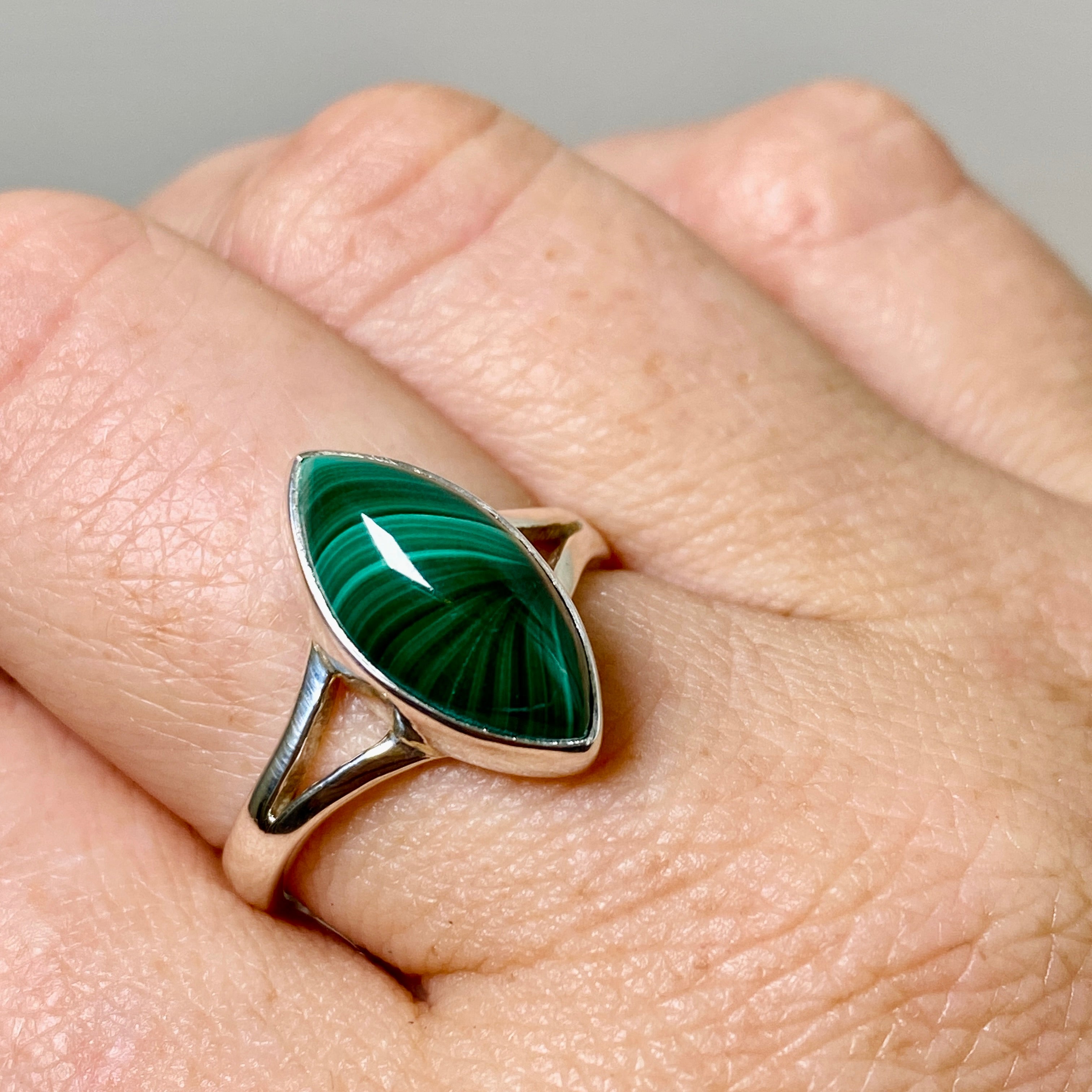Natural Malachite Marquise Cabochon Split Band Ring - Size 9 - KRGJ3370 - Elegant Green Stone Jewelry for Women, Perfect for Weddings, Parties & Special Occasions