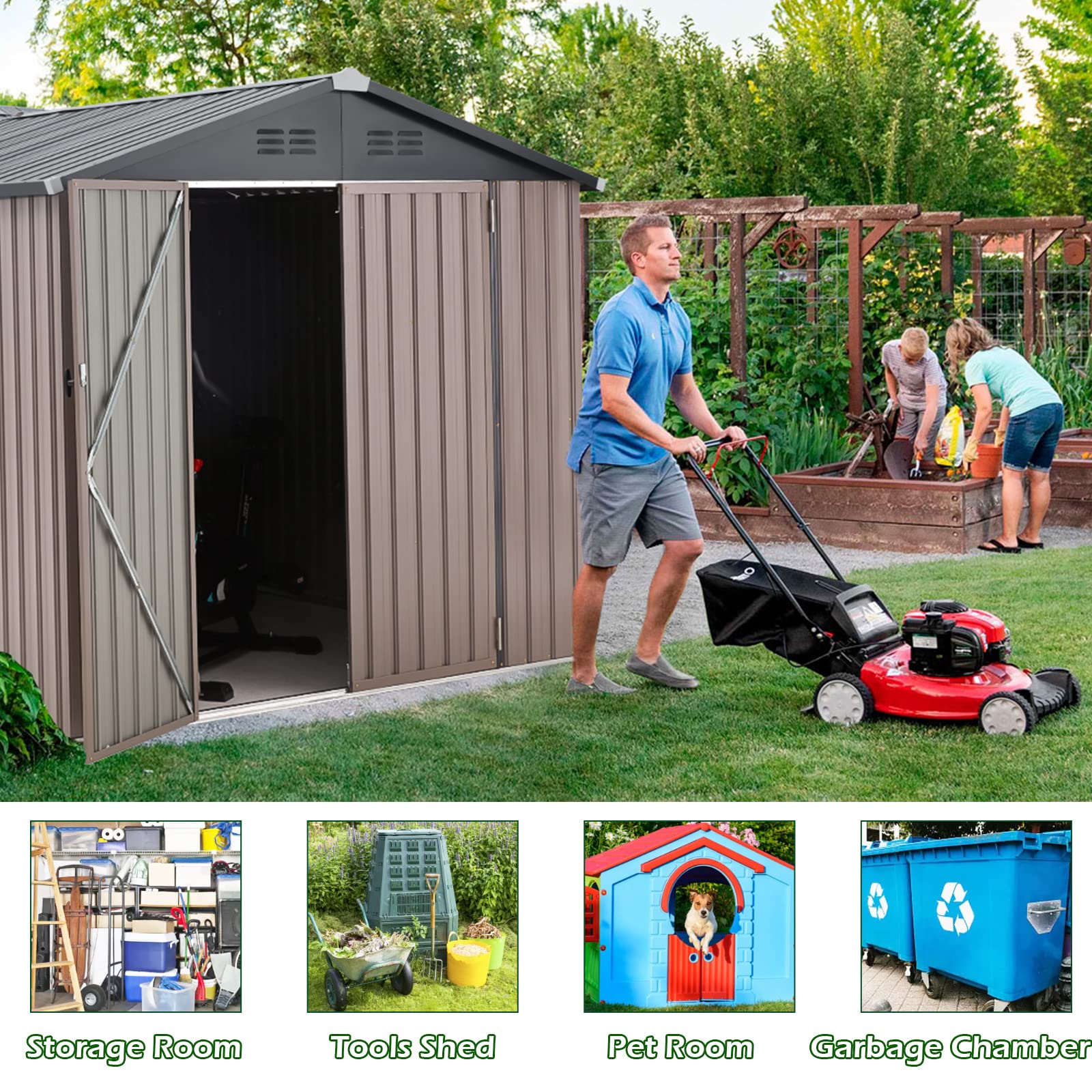 U-MAX 7x7 Feet Large Outdoor Storage Shed - Heavy Duty Steel Utility Shed with Lockable Doors for Backyard, Garden & Patio | Weather-Resistant Tool Storage for Lawn Equipment, Bikes & Outdoor Gear (Taupe)