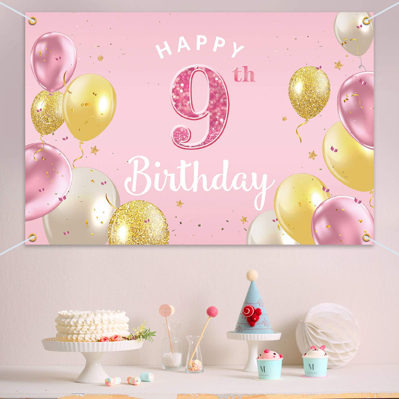Happy 9th Birthday Backdrop Banner - Pink 3.9x5.9ft Party Decorations for Girls - Perfect for Birthday Celebrations, Photo Booths & Indoor Events