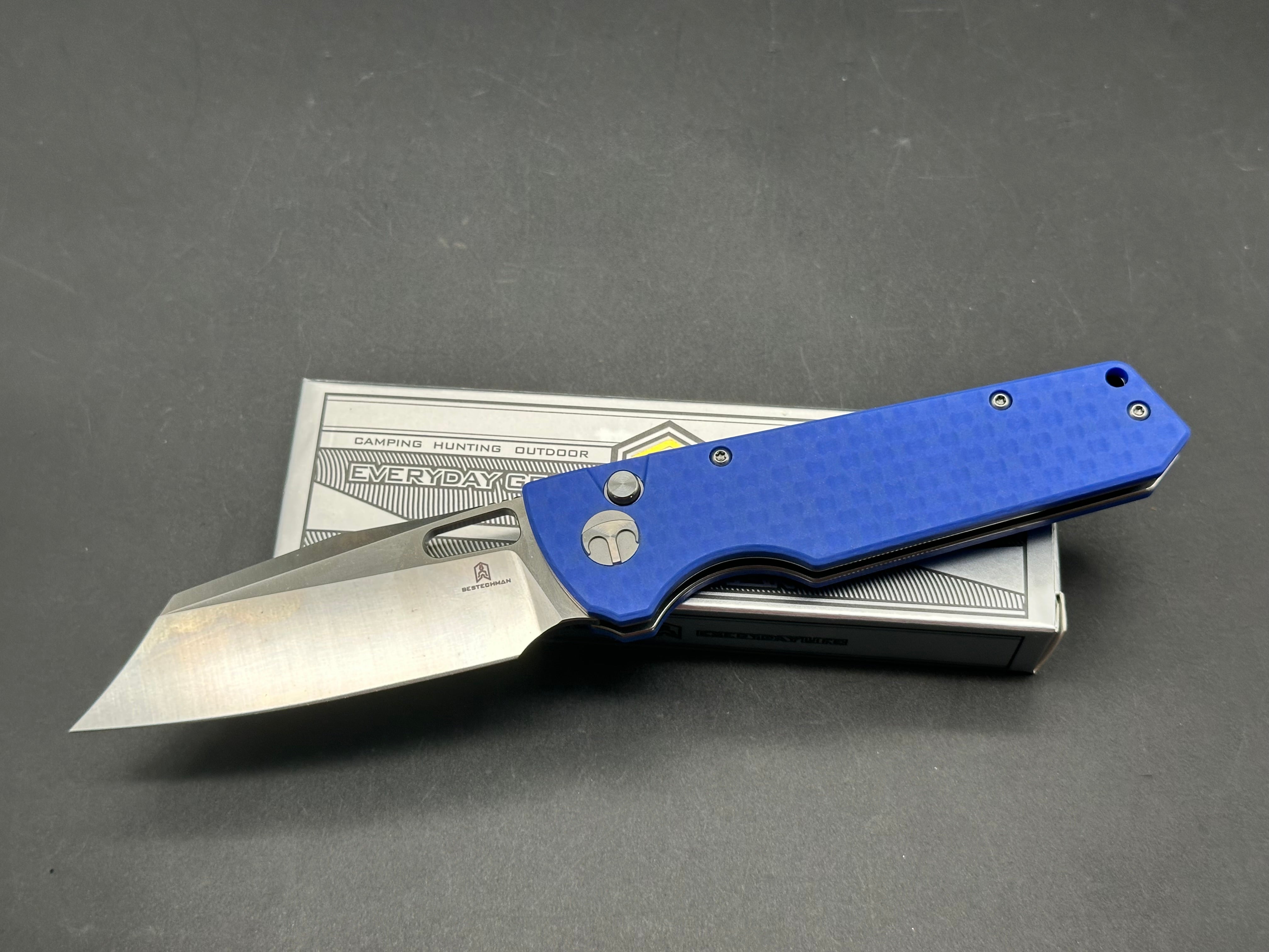 Bestechman Guardian Folding Knife - D2 Steel Blade, Blue G10 Handle, Plain Edge - Perfect for Camping, Hiking & Outdoor Survival