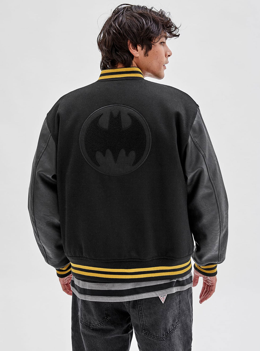 Guess Originals x Batman Black Letterman Jacket - Vintage Style Varsity Jacket for Men & Women - Perfect for Cosplay, Halloween, and Superhero Fans