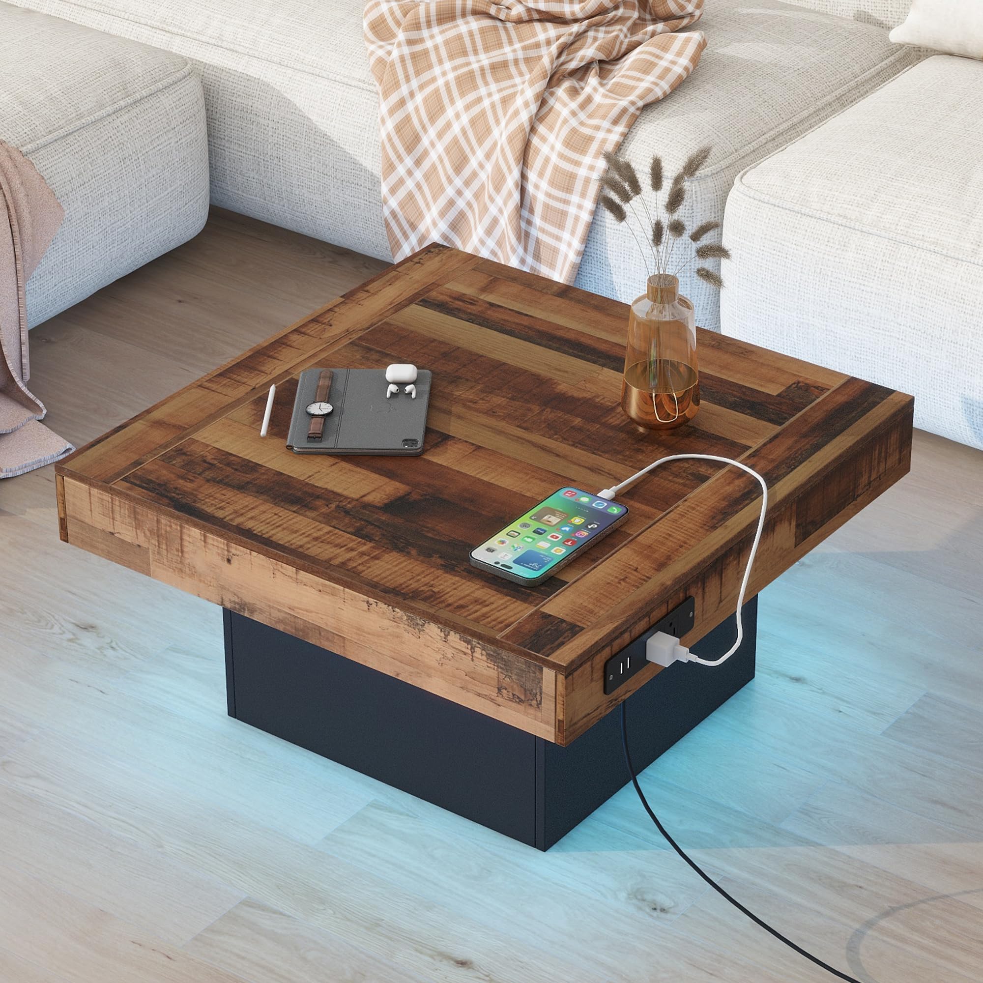 P PURLOVE Modern Square Coffee Table with LED Lights - Wooden Living Room Center Table with 2 USB Ports & Power Outlets - Perfect for Living Rooms, Lounges and Home Theater Spaces