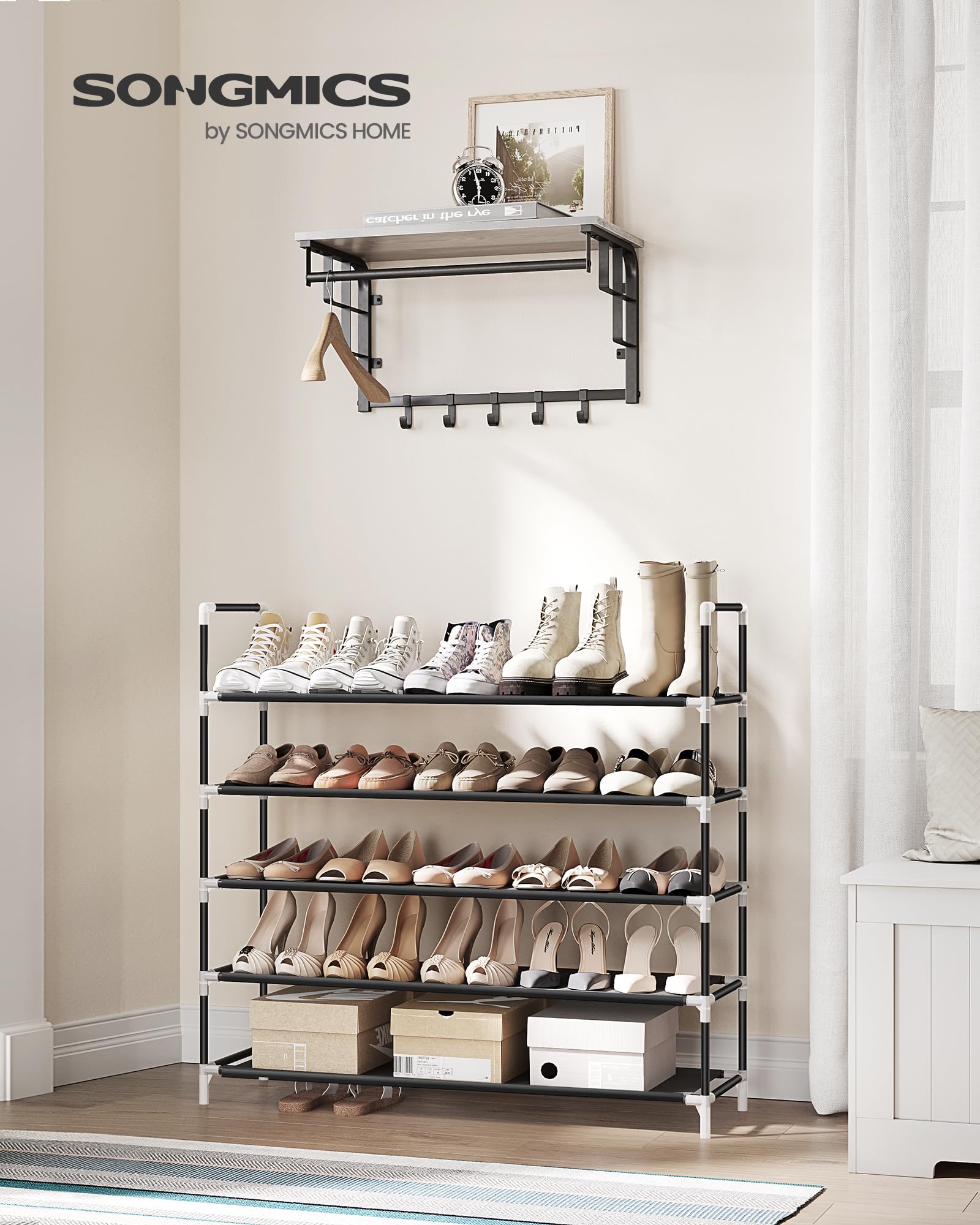 SONGMICS 5-Tier Shoe Rack Organizer - Space Saving Metal Frame Shoe Storage with Non-Woven Fabric Shelves for Hallway, Closet, Entryway - Black (ULSH55H) - Perfect for Small Spaces & Apartment Living