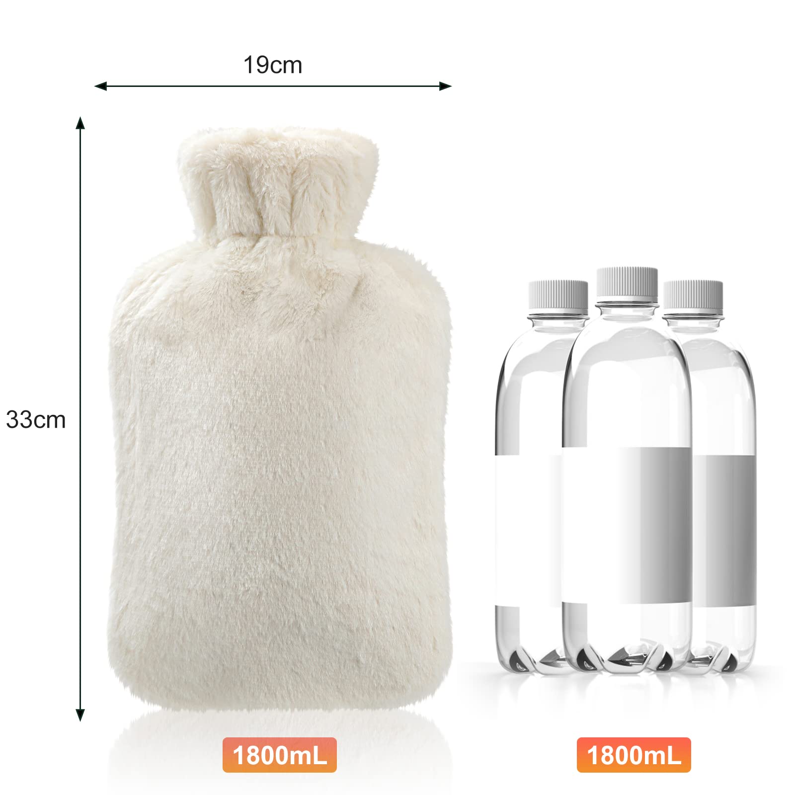 2L Natural Rubber Hot Water Bottle with Soft Plush Cover - Leak-Proof Winter Warmer for Pain Relief, Cramps & Cold Nights - Perfect for Bed, Sofa & Outdoor Use - White