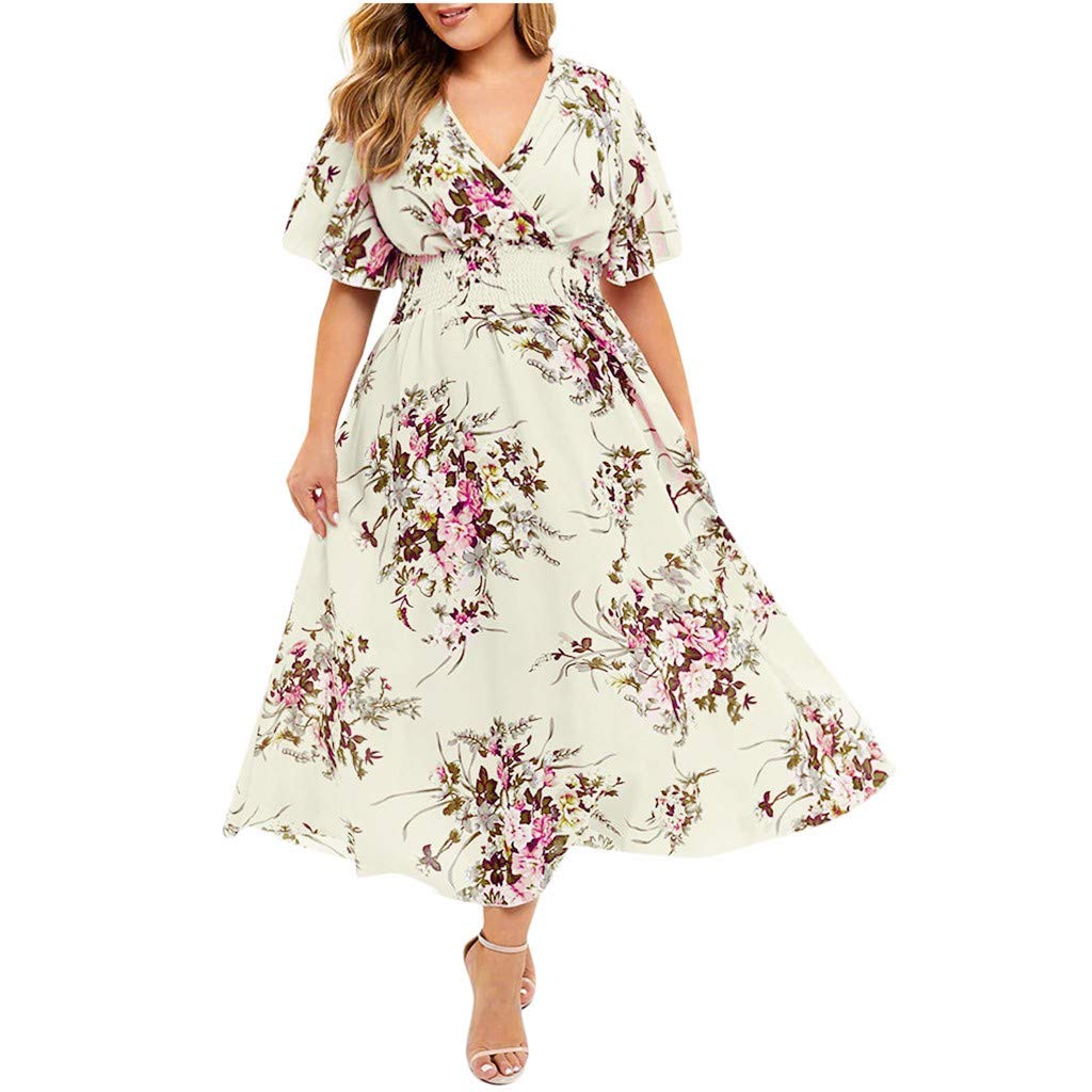 Keepfit Women's Floral Print V-Neck Short Sleeve Maxi Dress - Casual Fall Wedding Guest Dress for Parties, Date Night & Special Occasions