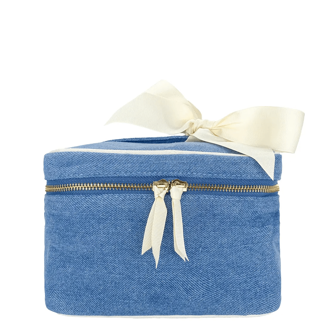 Denim Makeup Cosmetic Organizer Box - Portable Travel Cosmetic Case for Makeup Brushes & Beauty Essentials - Perfect for Home Vanity, Travel & Salon Use