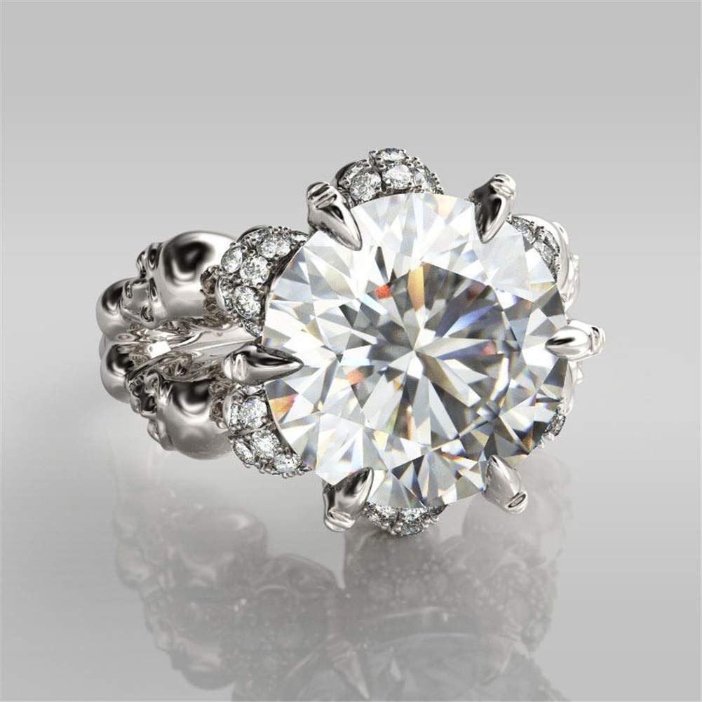 8.4 Carat Round Cut Diamond Skull Ring for Women - 925 Sterling Silver Wedding Band, Cubic Zirconia Solitaire Engagement Ring - Anniversary Promise Gift with Jewelry Box (Perfect for Bridal, Goth Fashion & Unique Proposal)