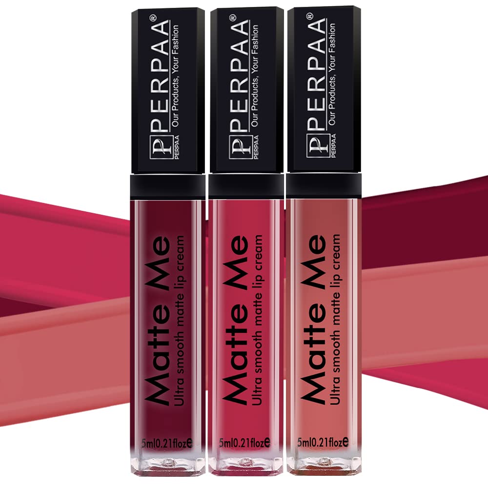 PERPAA® Matte Me Ultimate Long Lasting Liquid Lipstick - 3 Bright Matte Colors with Vitamin E, Smudgeproof & Waterproof Formula (Rich Plum, Peach Nude, Reddish Pink) 5ml Each - Perfect for Parties, Weddings & Everyday Wear