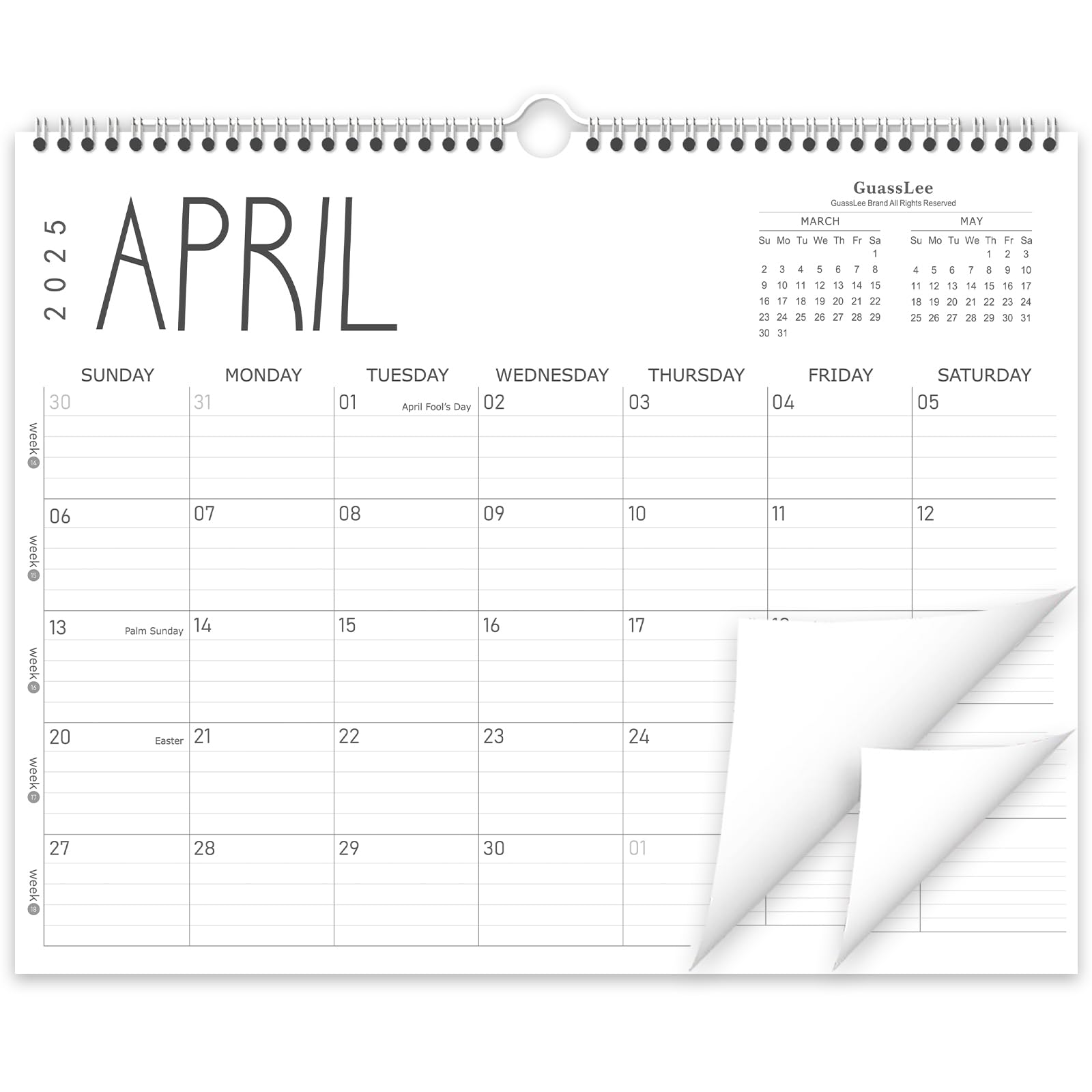 GuassLee 2025-2026 Wall Calendar Planner - 12 Month Spiral Bound Hanging Calendar (April 2025 to March 2026), 14