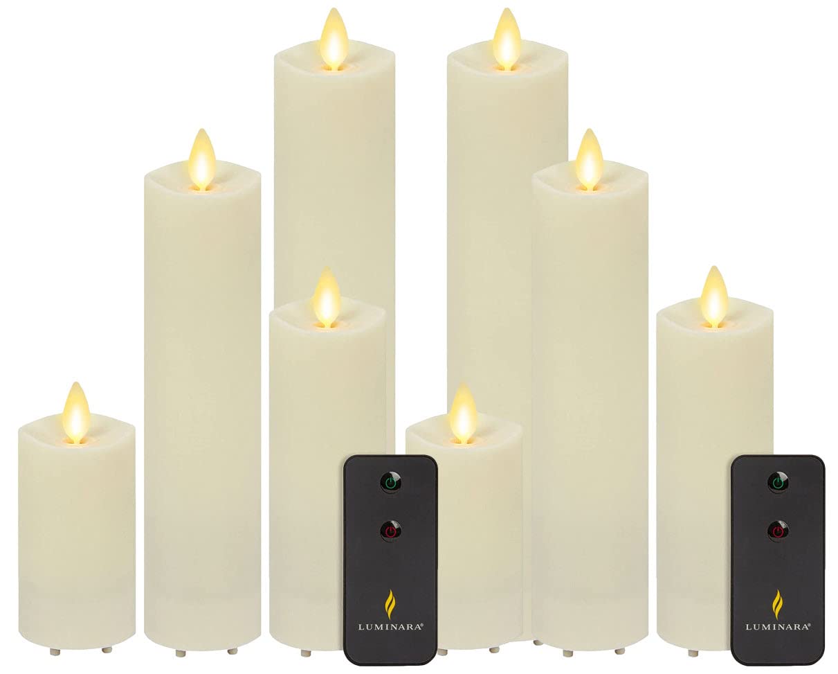 Luminara Set of 8 Flameless LED Pillar Candles - Battery Operated Flickering Outdoor Candles with Remote & 24-Hour Timer - Weatherproof Ivory Electric Candles for Patio, Garden, and Home Decor