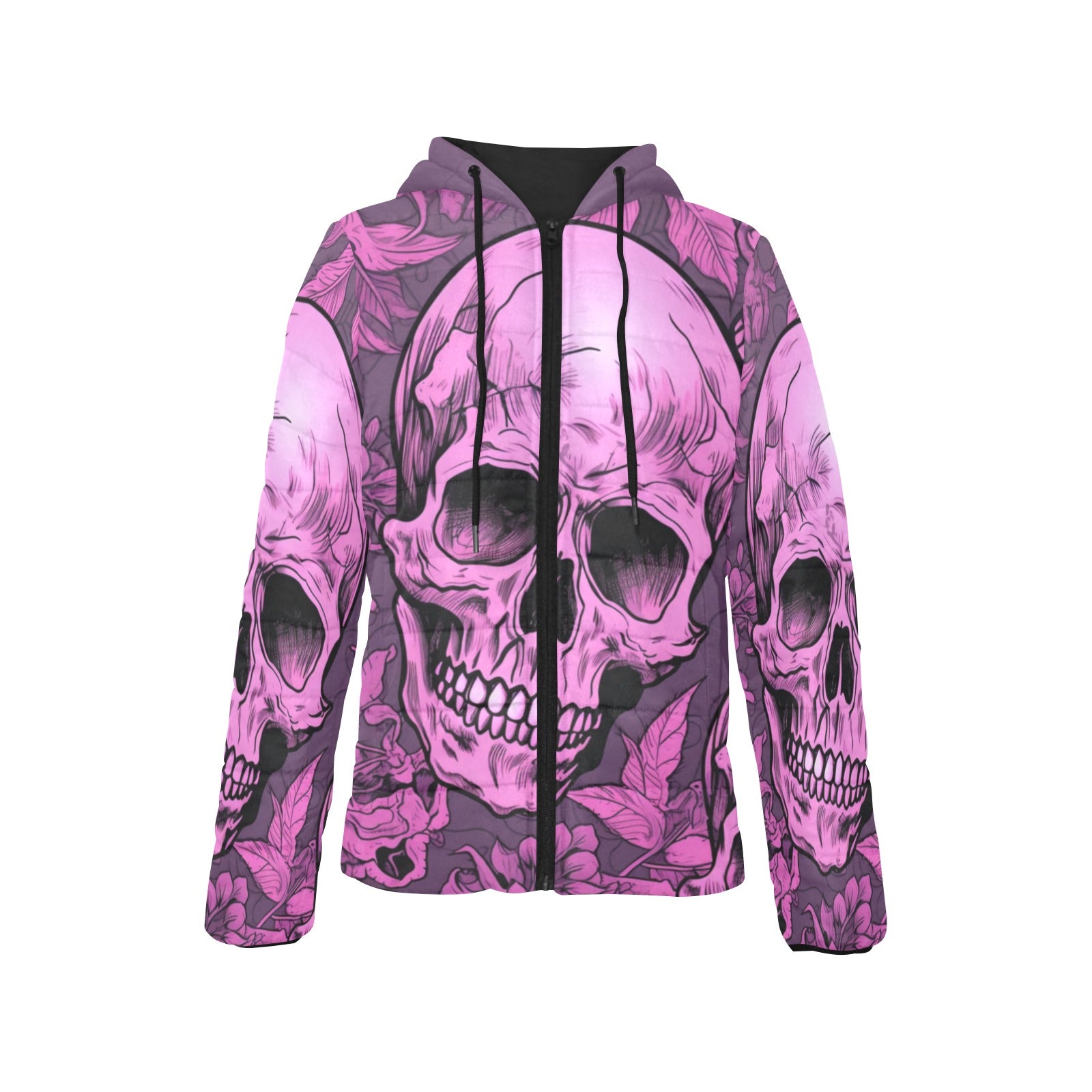 Stylish Pink Skulls Padded Hooded Jacket for Women - Trendy Winter Outerwear for Streetwear & Casual Fashion