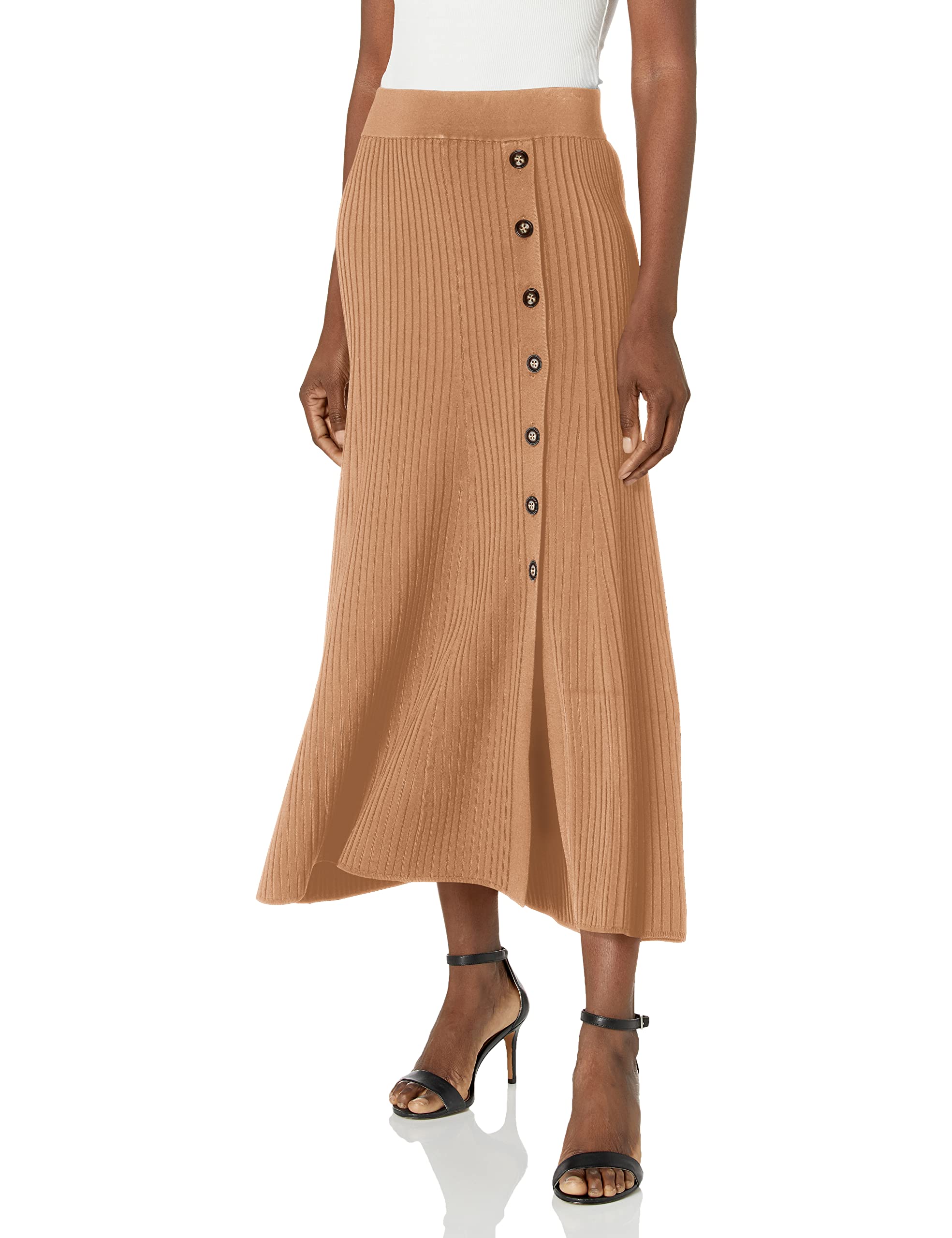 BCBGMAXAZRIA Women's Ribbed Maxi Skirt with Side Slit & Button Details - Elegant Flowy Long Skirt for Casual, Office & Special Occasions