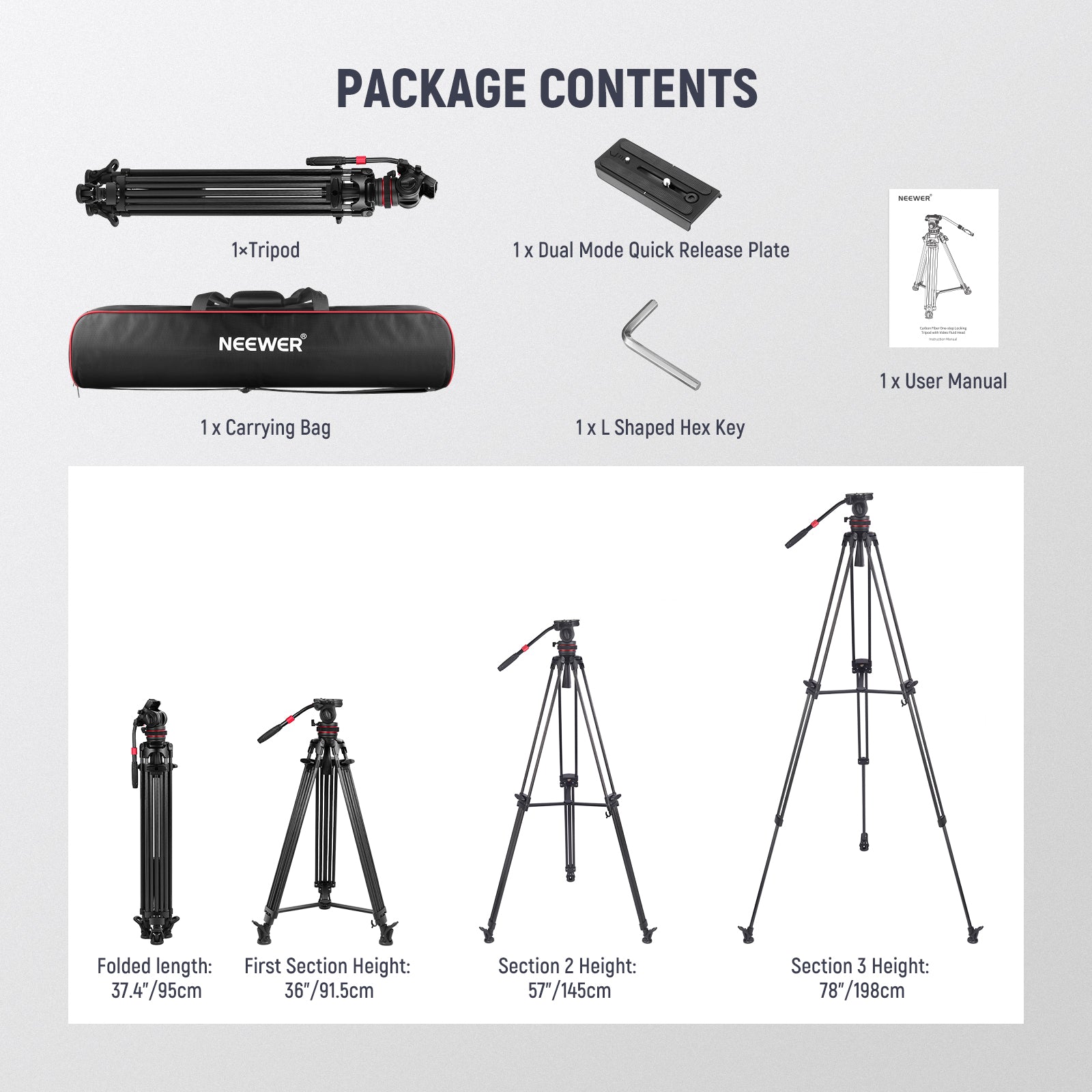 NEEWER LL35 78 Pro Carbon Fiber Tripod for DSLR Camera - Lightweight Professional Video Tripod with Fluid Head for Photography, Vlogging & Film Making