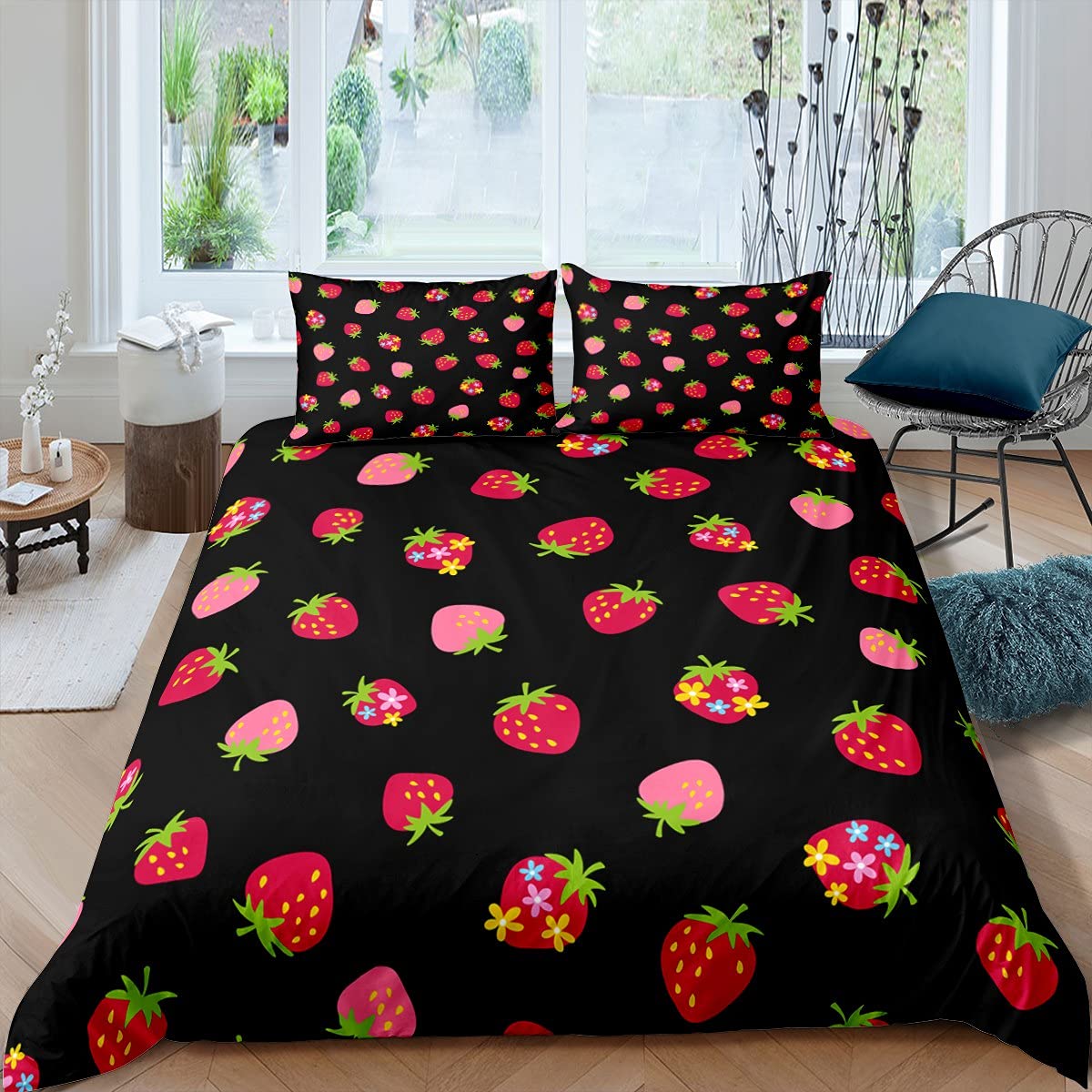 Kawaii Strawberry Bedding Set - Pink Floral Duvet Cover with Pillowcase for Girls & Women | Soft Twin Size Comforter Cover | Cute Room Decor for Kids Bedroom, Dorm & Nursery