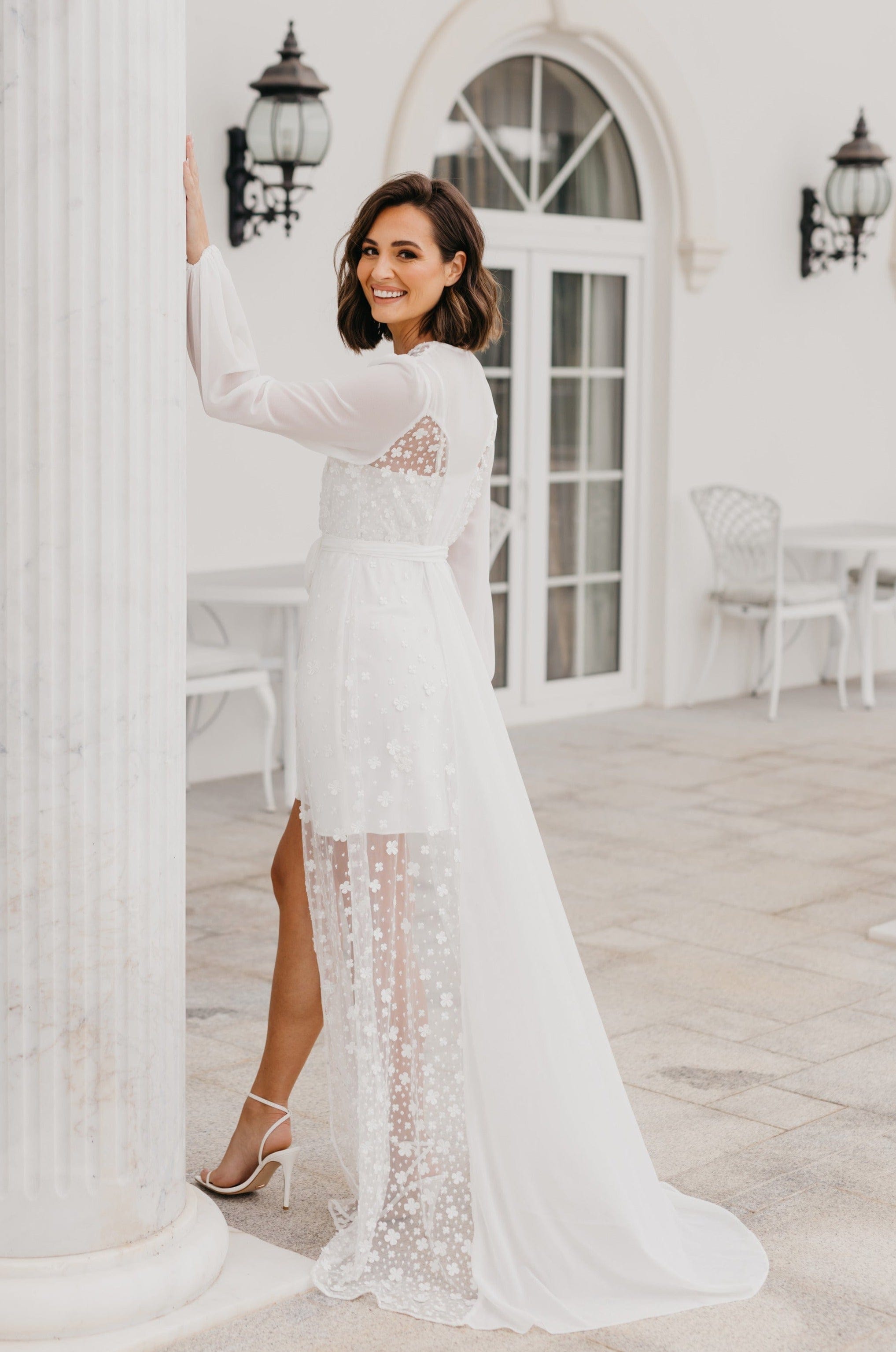 Cassidy Forget Me Knot Lace Maxi Bridal Robe with Slip - Elegant Wedding Gown for Brides, Bridal Party & Photoshoots
