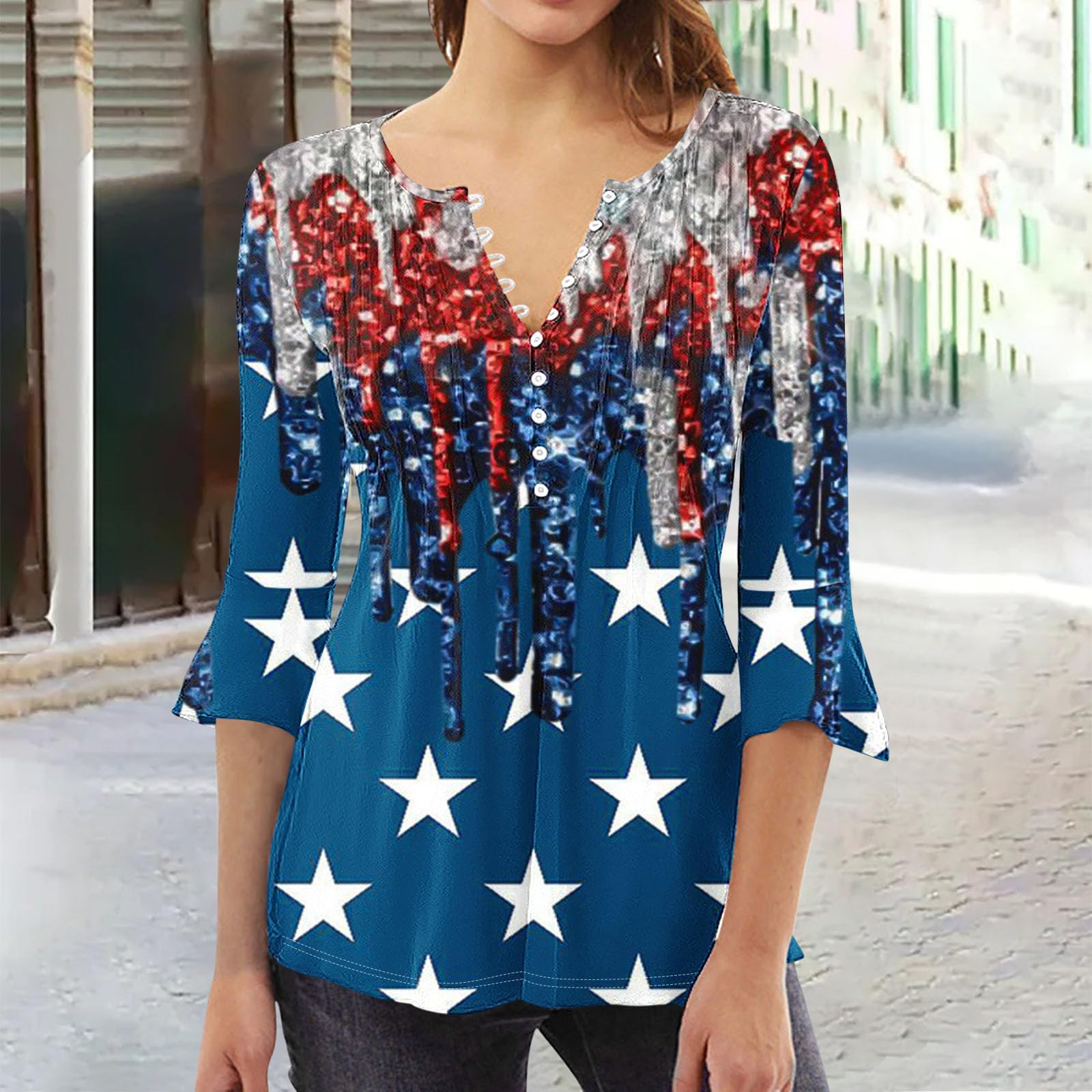 Women's American Flag T-Shirt - 3/4 Sleeve V-Neck Patriotic Blouse - Casual Button Down Tunic Top for 4th of July, Memorial Day & Everyday Wear