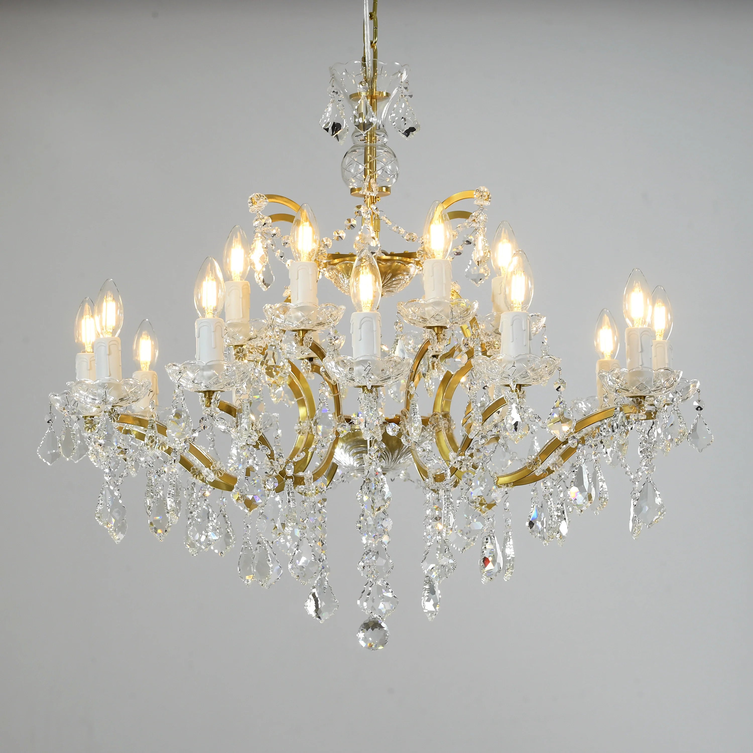 19th Century Rococo Style Iron and Crystal Round Chandelier - 33 Inch Antique Lighting Fixture for Dining Room, Foyer, or Ballroom Decor