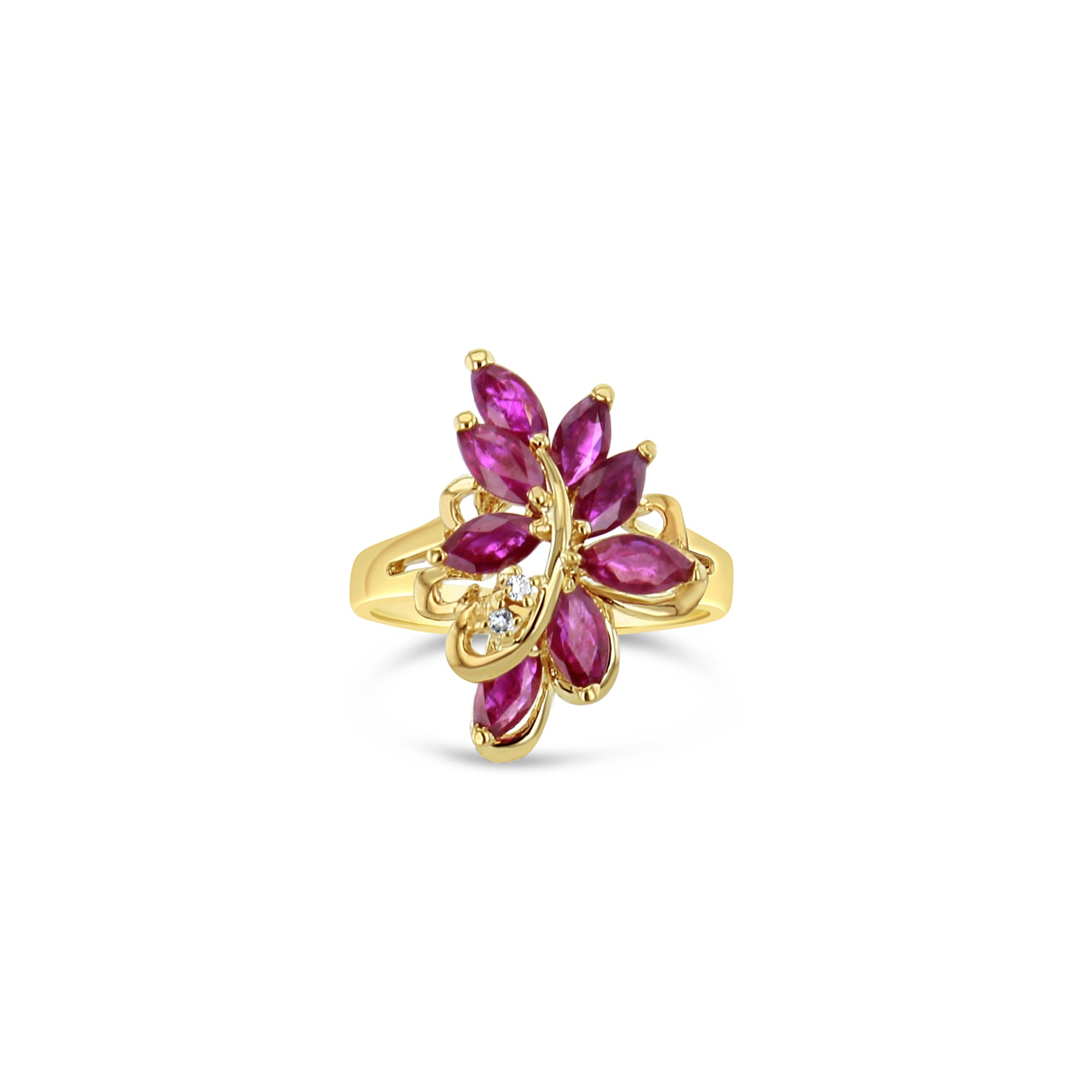 14k Yellow Gold Marquise Ruby Leaf Floral Cluster Ring - Elegant Vintage Jewelry for Weddings, Anniversaries & Special Occasions