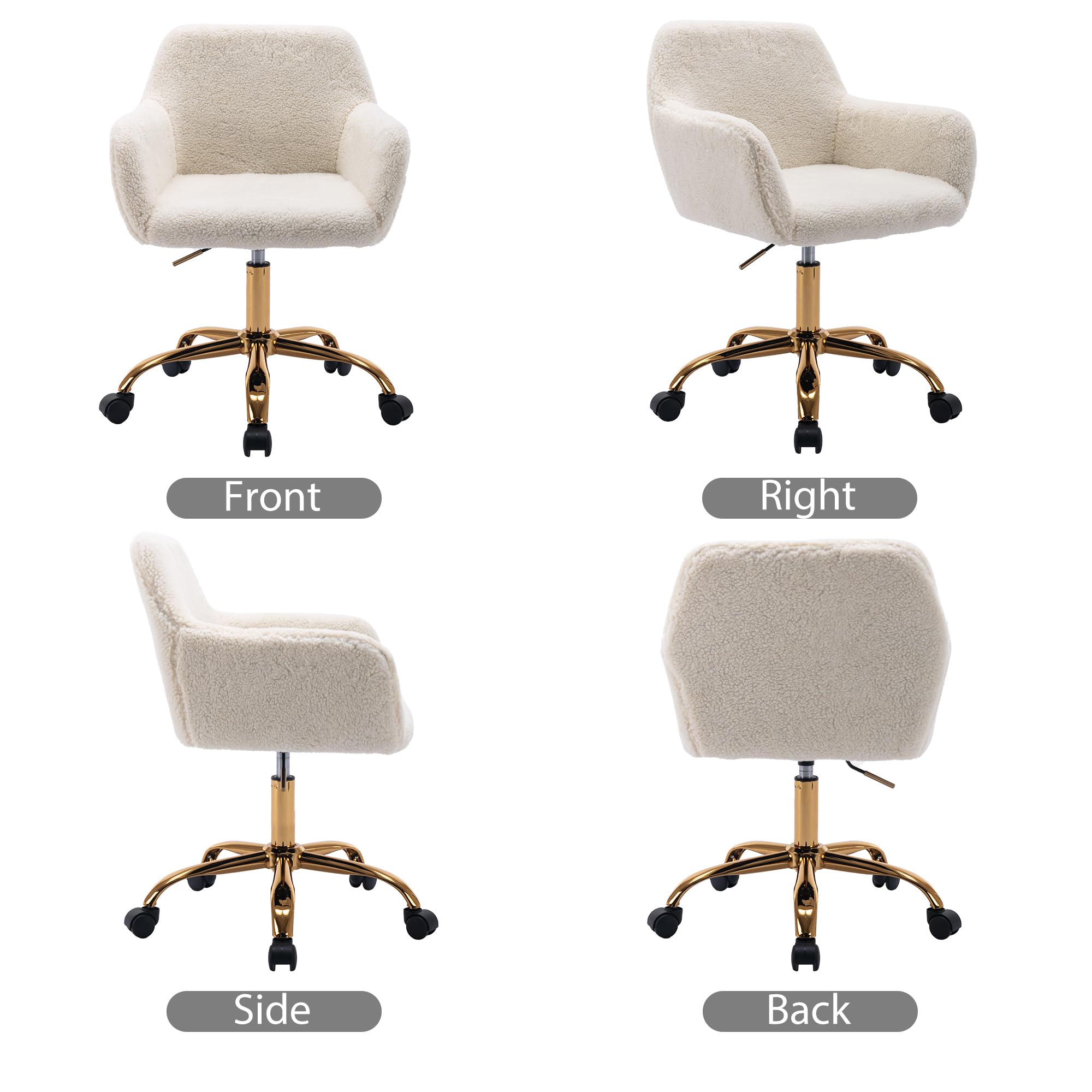 KCC Faux Fur Office Desk Chair - Soft Swivel Armchair with Wheels, Adjustable Height Upholstered Fuzzy Vanity Chair in White | Perfect for Home Office, Gaming Setup & Makeup Vanity