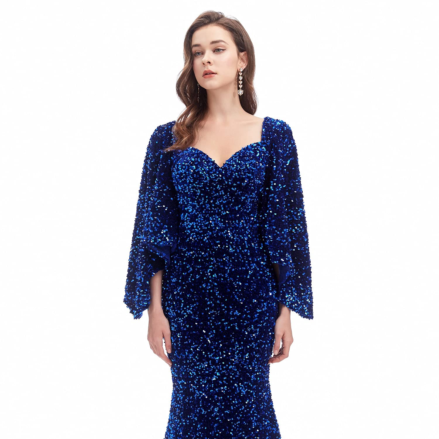 Engerla Sexy Long Sleeve Mermaid Party Dress - Black Sequins Lace Evening Gown Formal Maxi Dress for Prom, Wedding, Cocktail Party & Special Occasions