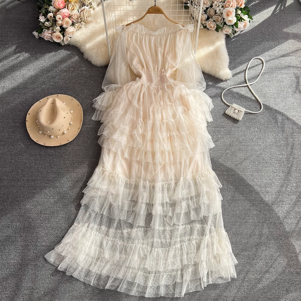 Elegant Off The Shoulder A-Line Ruffled Layered Mesh Dress for Women - Perfect for Cocktail Parties, Weddings & Date Nights | Style 1464