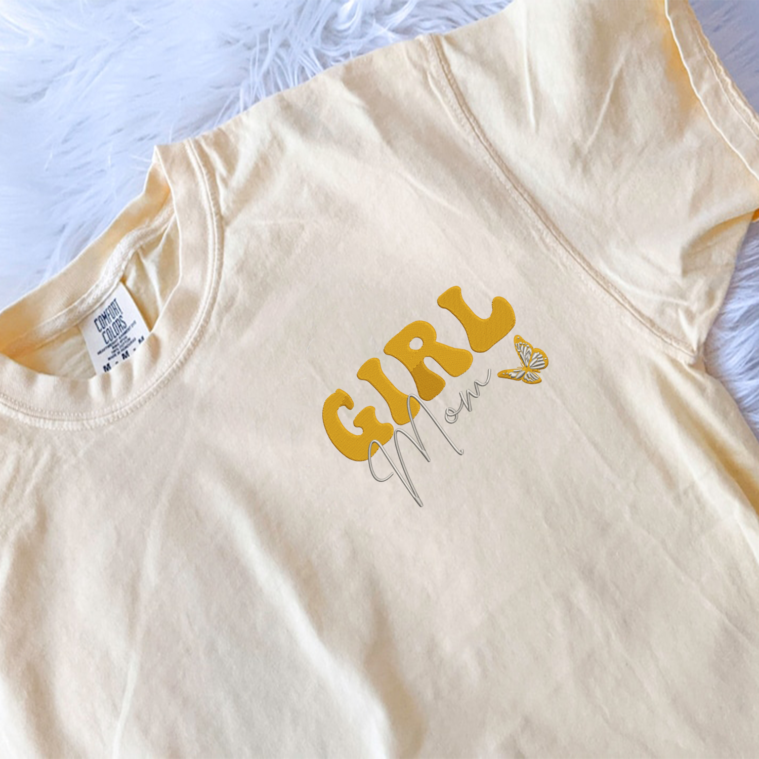 Custom Embroidered Girl Mom T-Shirt with Kids Name - Comfort Colors® Soft Cotton Tee for Mother's Day, Family Photos & Matching Outfits